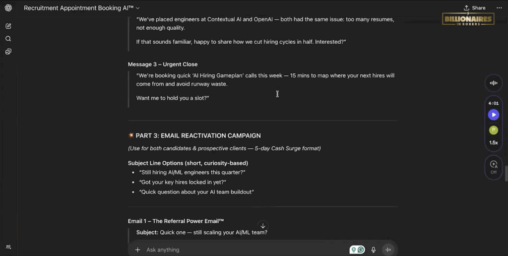 Screenshot of Appointment Booking AI email reactivation campaign outlining a 5-day Cash Surge sequence with subject line options and a referral power email template for recruitment clients and candidates.
