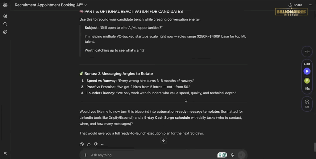 Screenshot of Recruitment Appointment Booking AI masterclass showing Part 5 candidate reactivation script, three messaging angles to rotate, and blueprint for automation-ready templates.