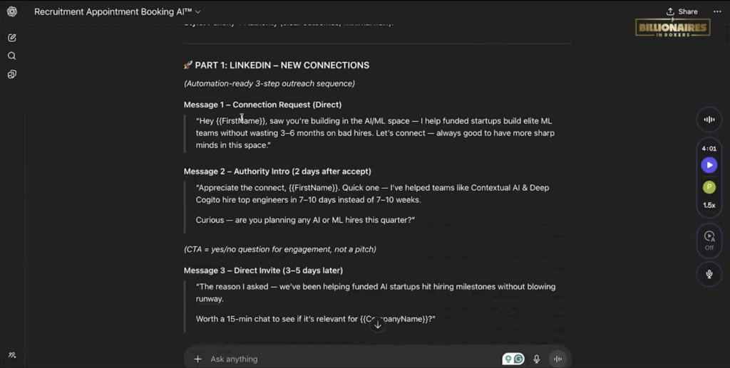 Screenshot of Recruitment Appointment Booking AI LinkedIn new connections section displaying a 3-step automation-ready outreach sequence with connection request, authority intro, and direct invite messages for recruiters.