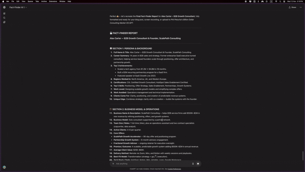 Automated Fact Finder tool generating a detailed consulting discovery report that summarizes client goals, markets, and growth opportunities.