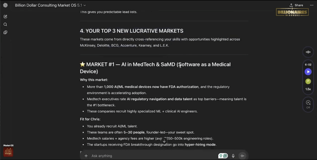 Market OS AI dashboard highlighting top lucrative markets, featuring AI in MedTech and Software as a Medical Device with regulatory trends, talent bottlenecks, and hiring insights.