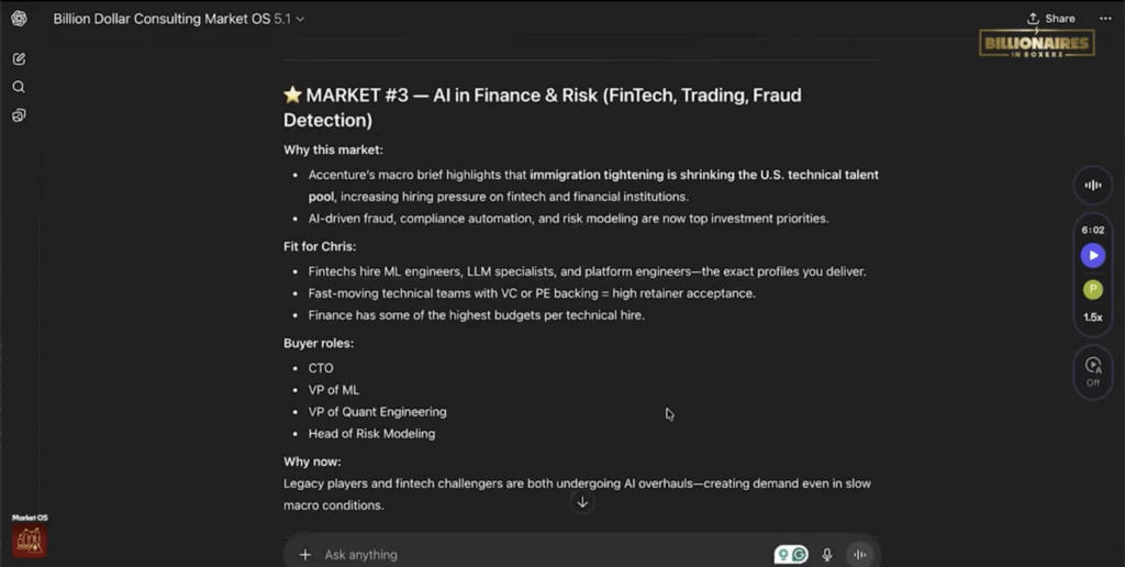 Market OS AI report showing AI in Finance and Risk market analysis, including FinTech, trading, and fraud detection insights, buyer roles, and strategic fit for recruiters.