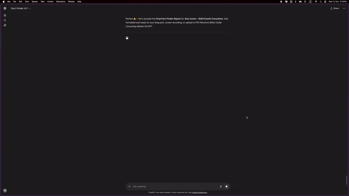 Consultant using the Fact Finder tool during a structured consulting discovery process to collect client insights and business data.