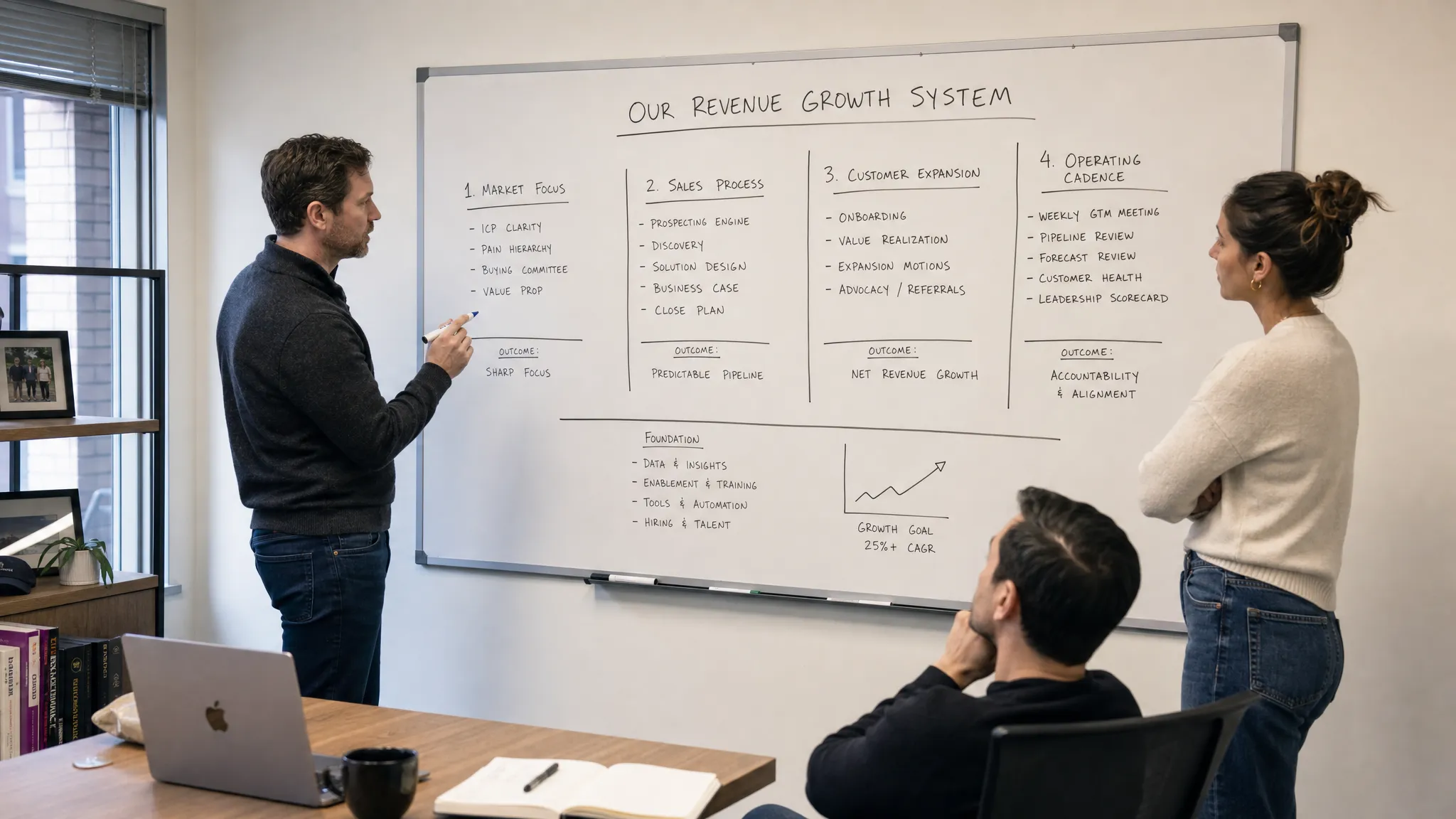A founder-led B2B leadership team reviewing a revenue growth system on a whiteboard, with sections for market focus, sales process, customer expansion, and operating cadence, viewed from the side in a compact office with two people standing and one seated.