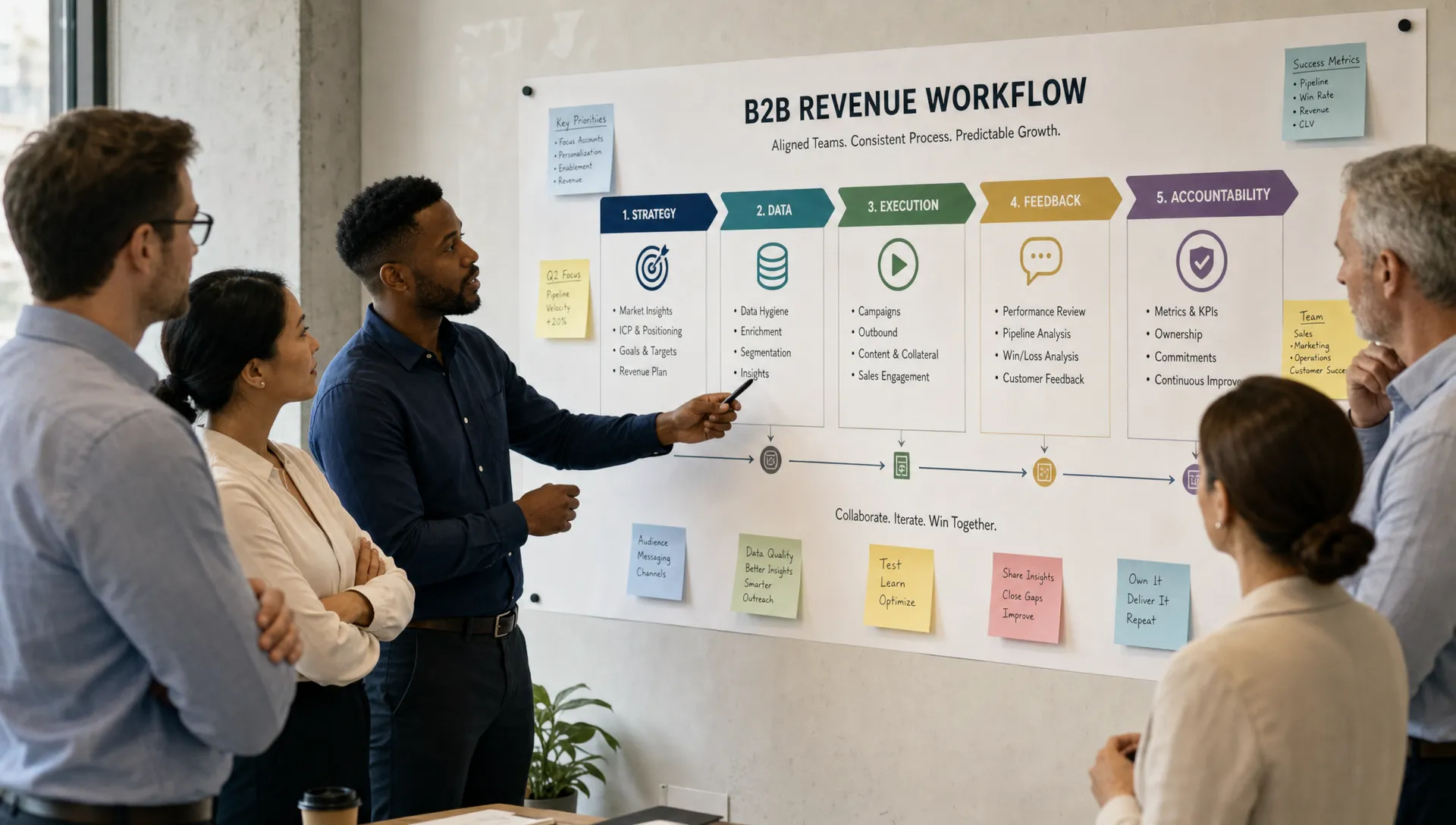 A B2B revenue team standing in a workshop area reviewing a shared workflow map on a wall, with clear stages for strategy, data, execution, feedback, and accountability. The scene shows collaboration between sales, marketing, operations, and leadership from a side angle, without focusing on computer screens.