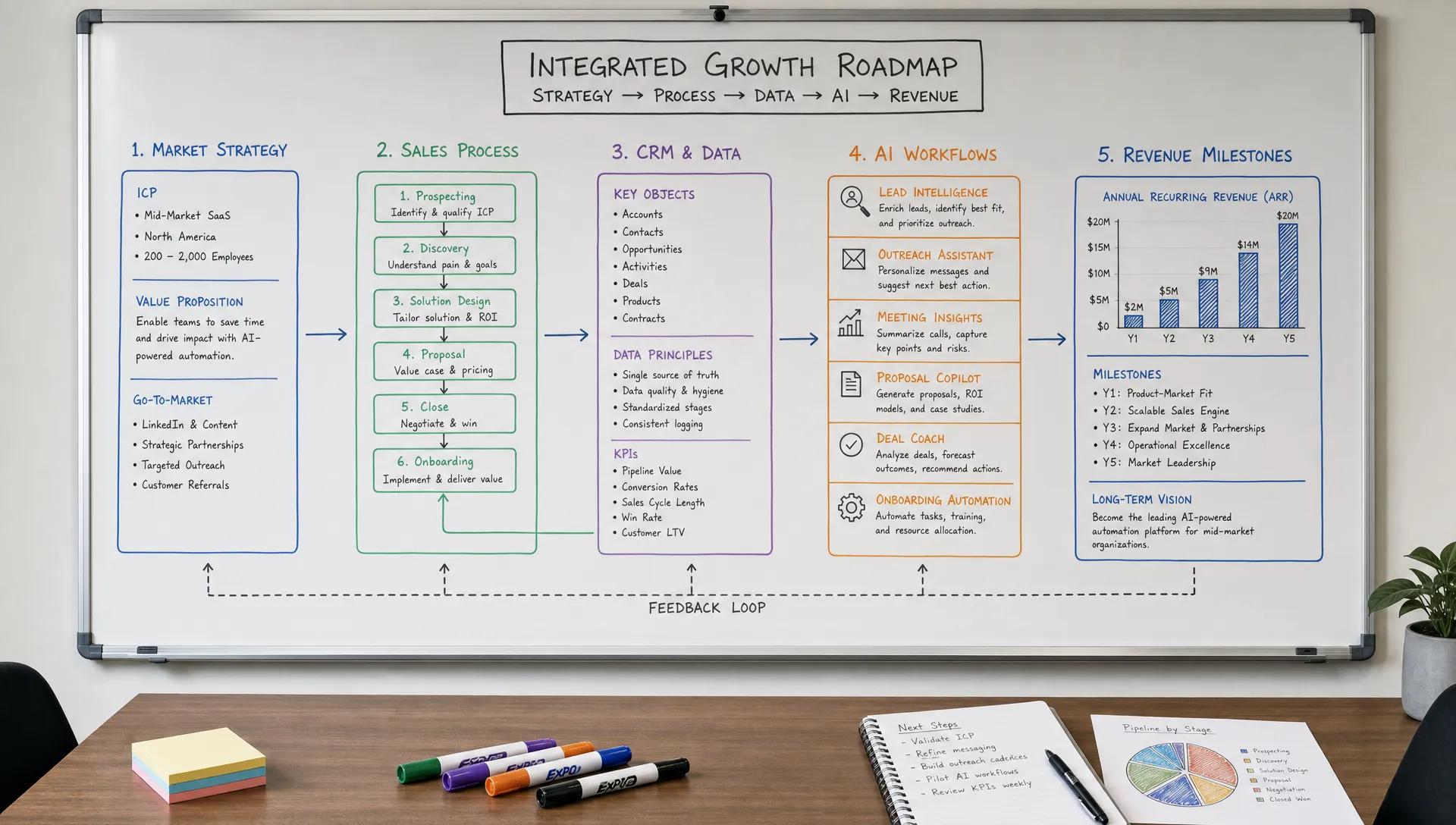 A conference room whiteboard showing one integrated roadmap that connects market strategy, sales process, CRM data, AI workflows, and revenue milestones for a founder-led B2B company, viewed straight on with the board filling most of the frame and a few markers and notes on the table below.