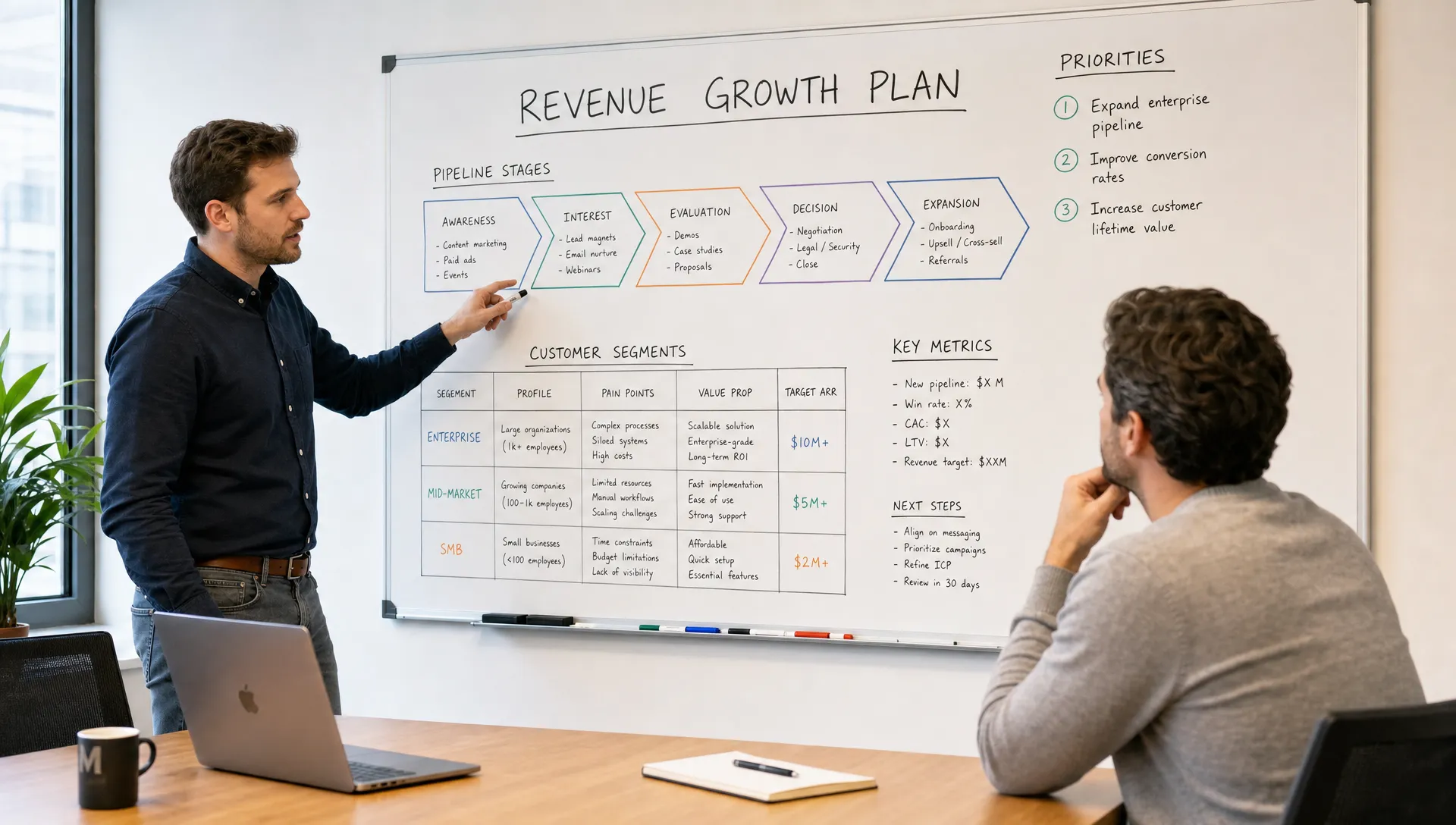 A founder and business consultant reviewing a revenue growth plan on a whiteboard in a meeting room, with pipeline stages, customer segments, and priorities arranged clearly.
