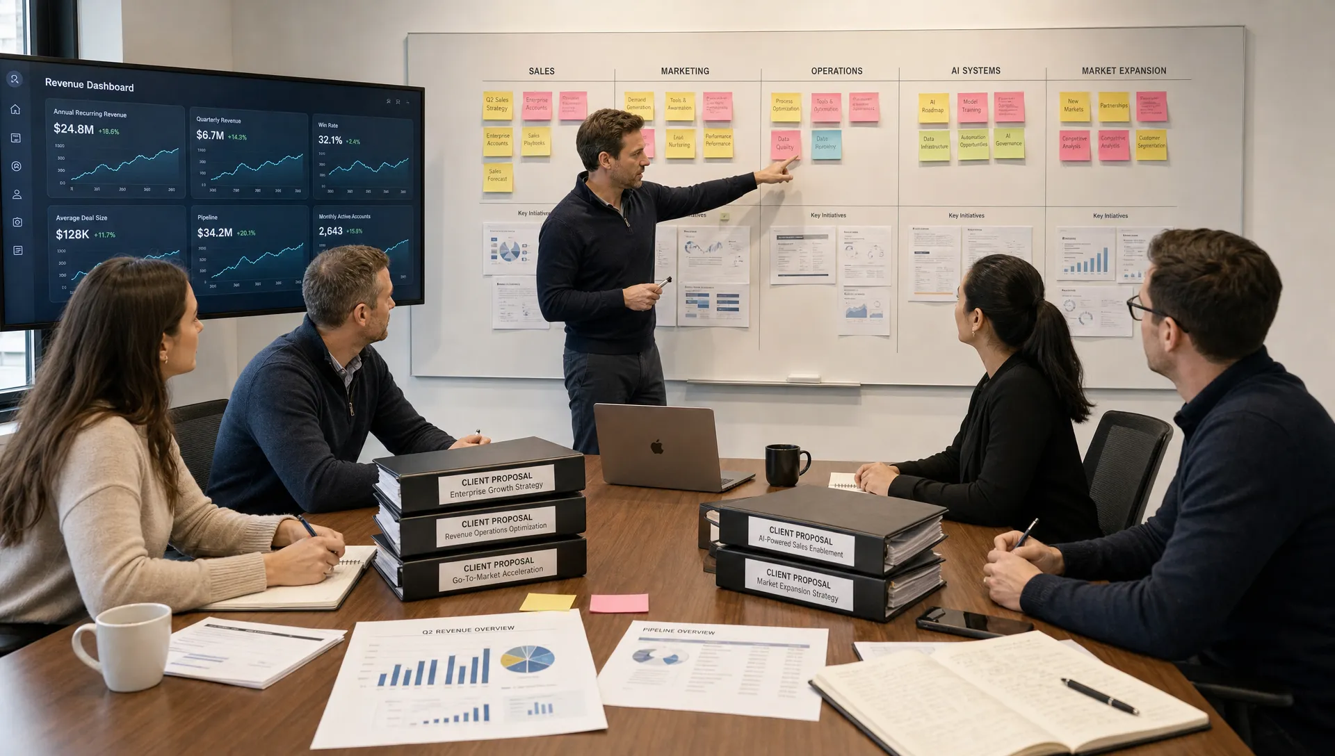 A founder and revenue leadership team reviewing organized consulting proposals, revenue metrics, sticky notes, and a wall board grouped by sales, marketing, operations, AI systems, and market expansion.