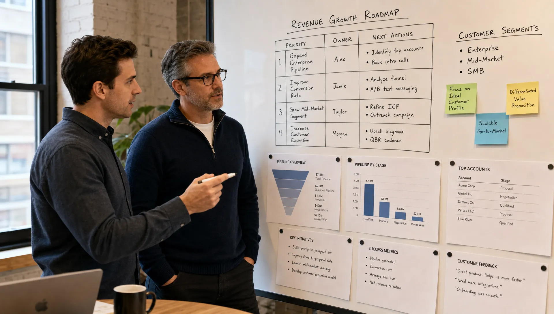 A founder and strategic advisor review a revenue growth roadmap in a standing workshop area beside a wall-mounted planning board, with printed pipeline reports, customer segment notes, and a simple board showing priorities, owners, and next actions.