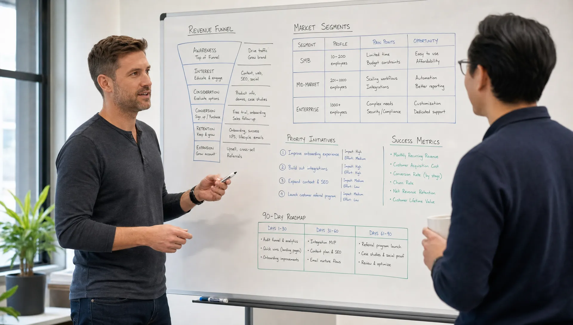 A founder and strategy consultant standing beside a whiteboard covered with revenue funnel stages, market segments, and priority initiatives, reviewing a practical growth roadmap together.