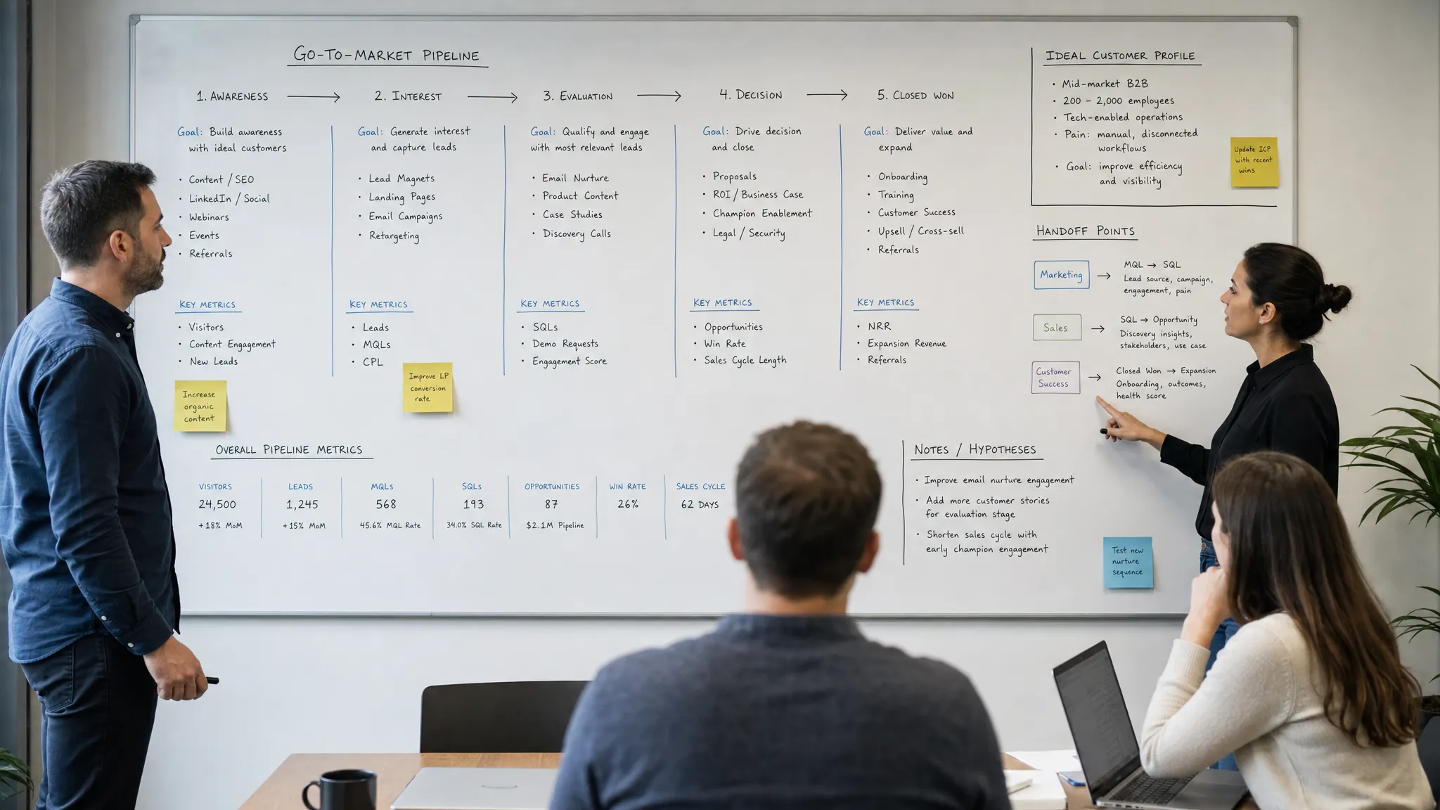 A founder-led B2B leadership team mapping pipeline stages, ideal customer notes, handoff points, and conversion metrics on a large whiteboard in a meeting room, viewed from behind one participant with the board filling most of the frame.