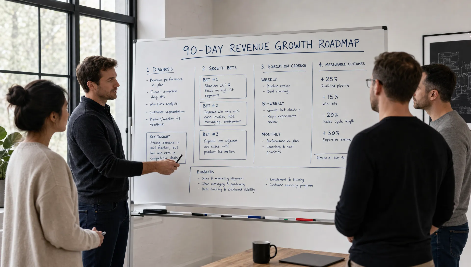 A founder-led B2B leadership team reviewing a 90-day revenue growth roadmap on a standing whiteboard in a workshop room, with sections for diagnosis, growth bets, execution cadence, and measurable outcomes.
