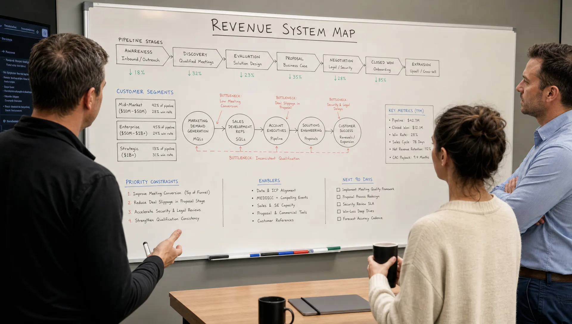 A founder-led B2B leadership team reviewing a revenue system map on a whiteboard, with pipeline stages, customer segments, bottlenecks, and priority constraints clearly marked, viewed from an over-the-shoulder angle in a compact strategy room.