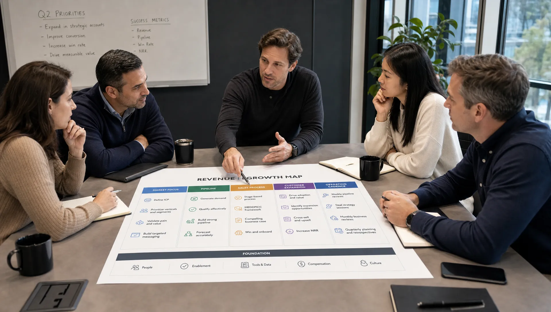 A founder-led B2B leadership team reviewing a revenue growth map spread across a conference table, with sections for market focus, pipeline, sales process, customer expansion, and operating cadence.