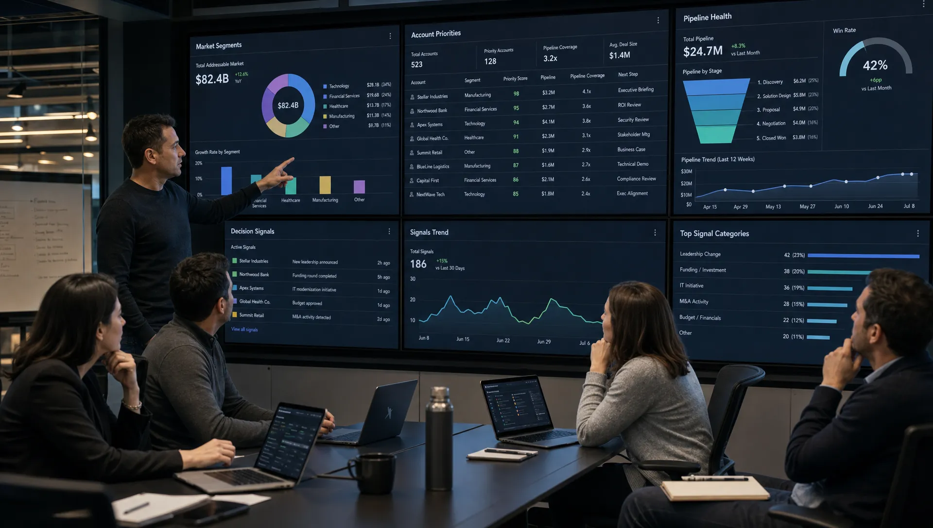 A founder-led B2B leadership team reviewing a revenue intelligence workspace that shows market segments, account priorities, pipeline health, and decision signals on correctly oriented screens in a control-room style operations space.