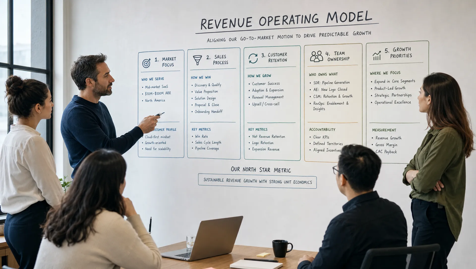 A founder-led B2B leadership team reviewing a revenue operating model on a wall, with sections for market focus, sales process, customer retention, team ownership, and growth priorities.