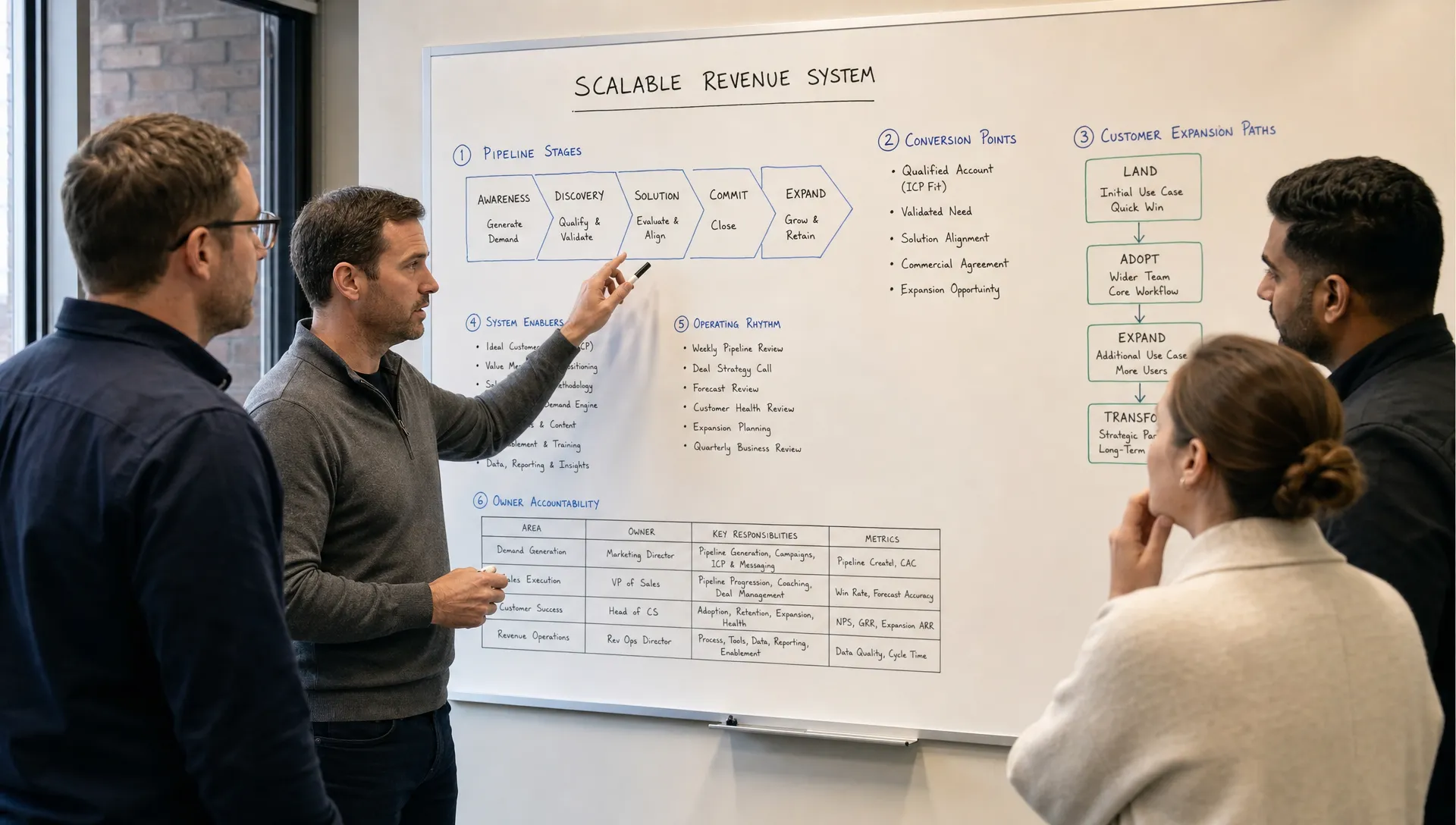 A founder-led B2B leadership team reviewing a whiteboard that maps pipeline stages, conversion points, customer expansion paths, and owner accountability across a scalable revenue system.