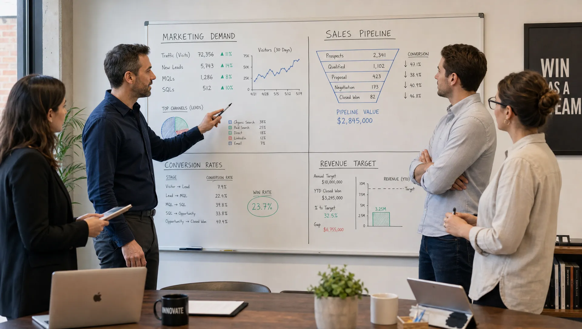 A founder-led B2B leadership team reviewing a whiteboard split between marketing demand metrics, sales pipeline stages, conversion rates, and revenue targets.