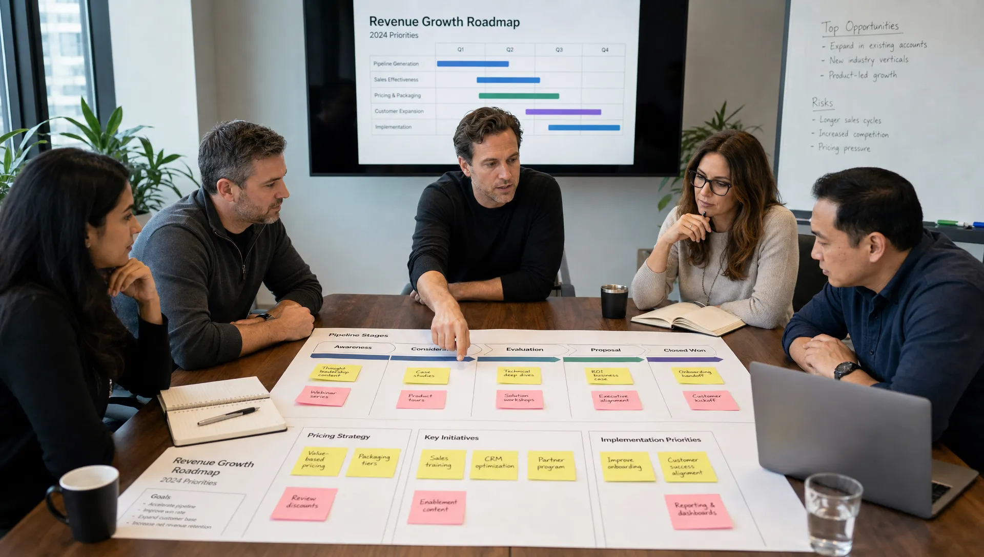 A founder-led B2B leadership team reviews a revenue growth roadmap spread across a conference table, with pipeline stages, pricing notes, customer segments, and implementation priorities organized on printed sheets and sticky notes.