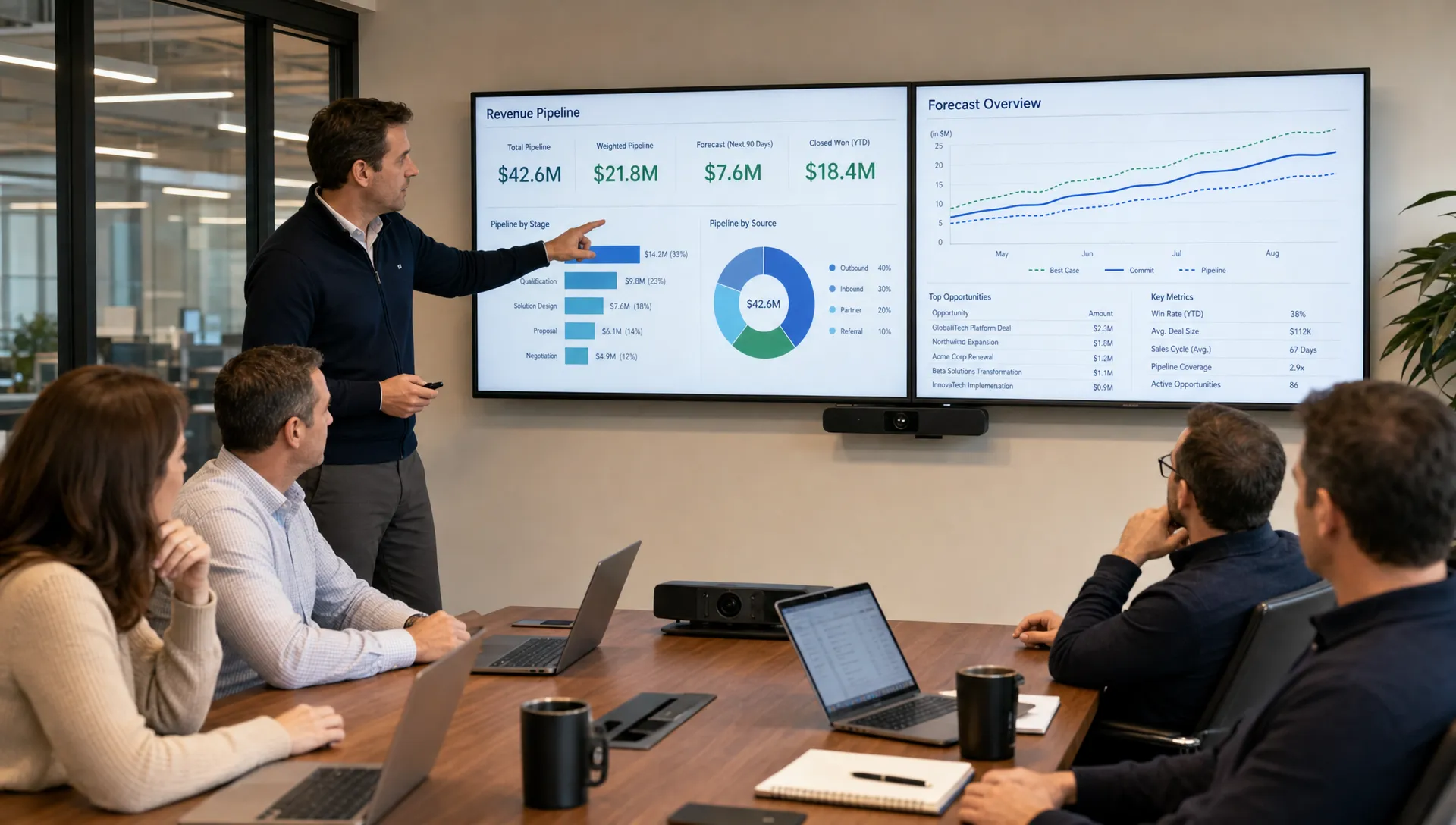 A founder-led B2B leadership team reviews a revenue pipeline dashboard together in a conference room, with sales, delivery, and forecasting metrics visible on screens facing the team.