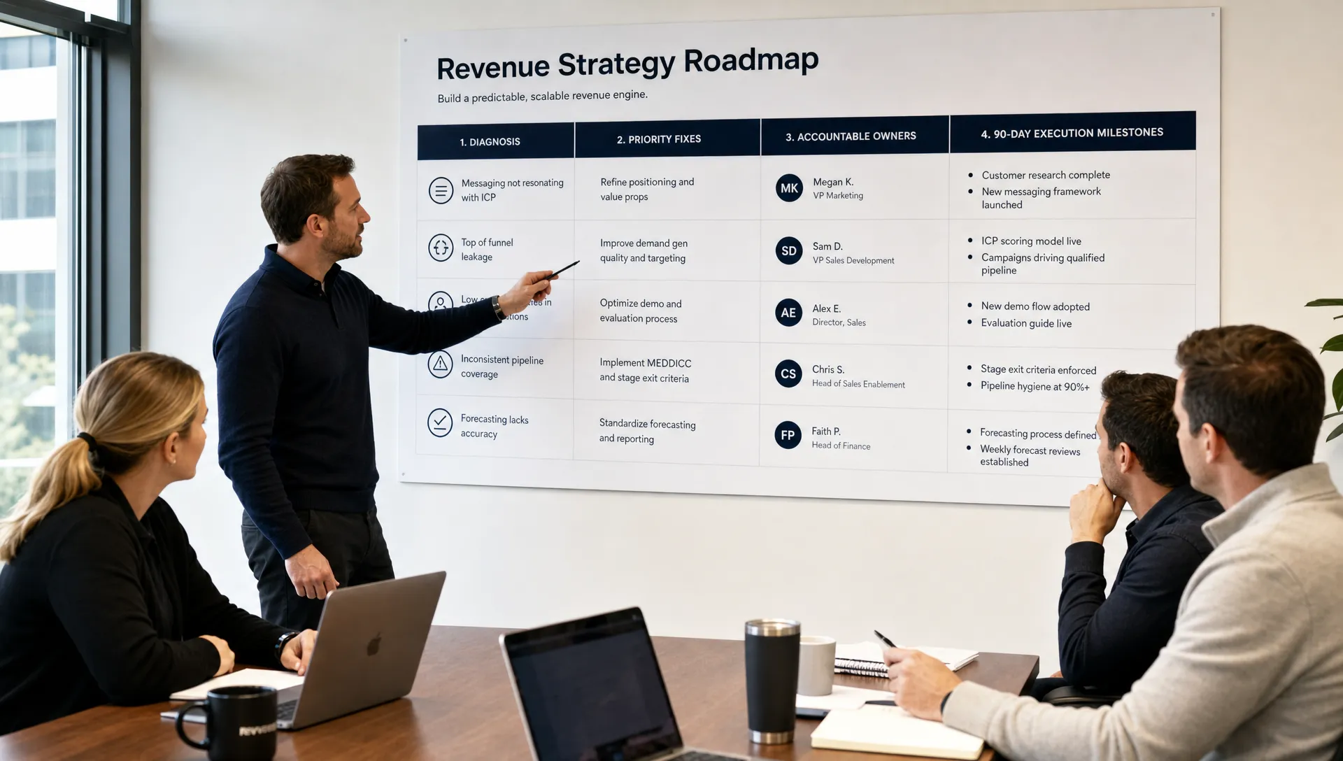 A founder-led B2B leadership team reviews a simple revenue strategy roadmap on a conference room wall, with sections for diagnosis, priority fixes, accountable owners, and 90-day execution milestones.