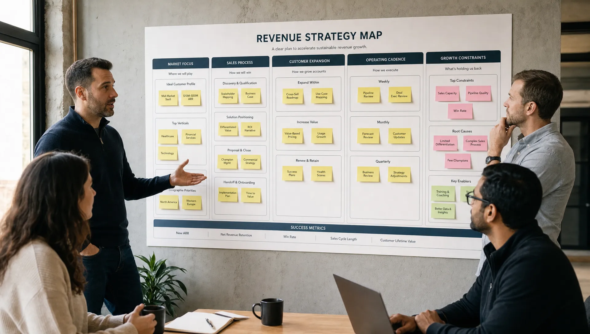 A founder-led B2B leadership team standing around a wall-mounted revenue strategy map in a modern workshop space, with sections for market focus, sales process, customer expansion, operating cadence, and growth constraints.