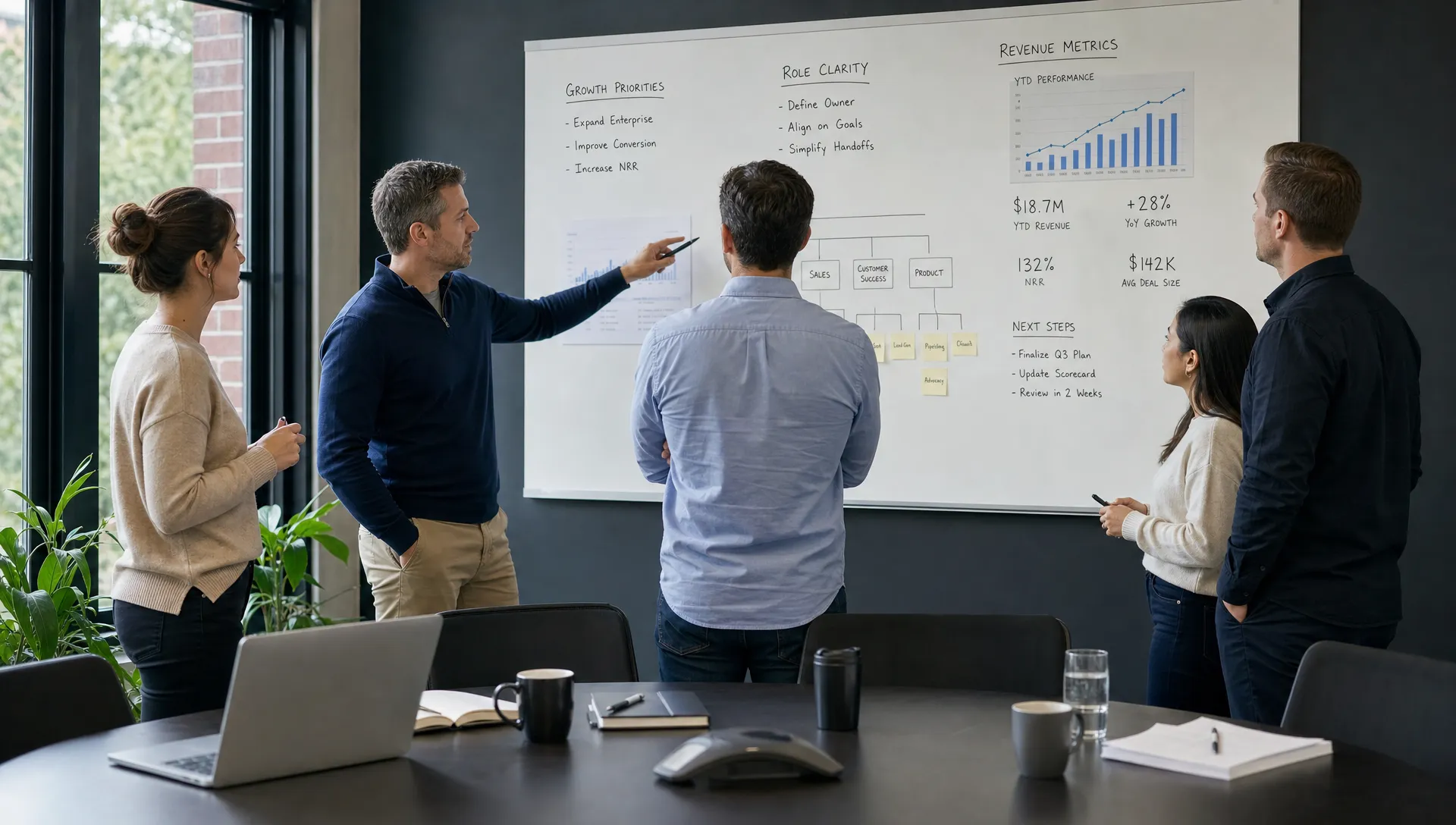 A founder-led B2B leadership team standing in a modern conference room reviewing growth priorities, role clarity, and revenue metrics on a wall board, with a collaborative but focused atmosphere.