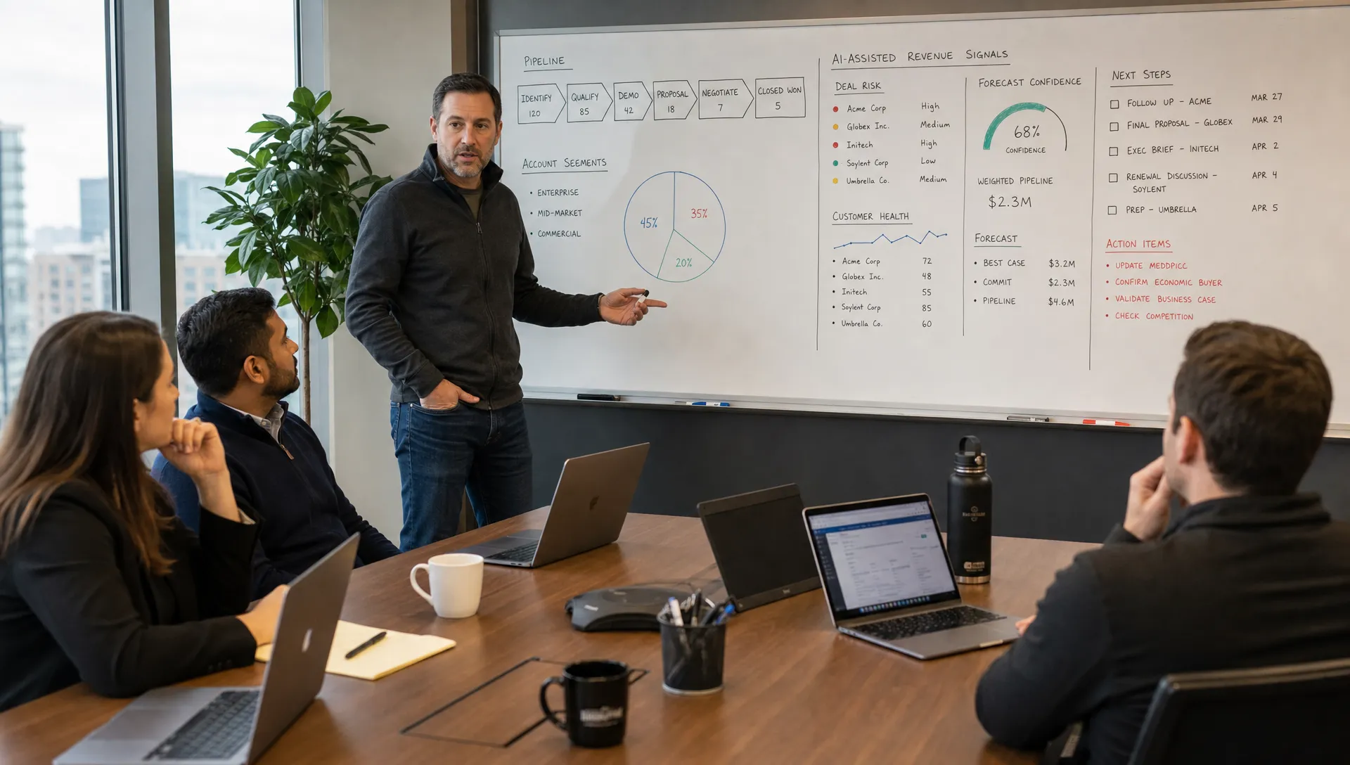 A founder-led B2B revenue team gathered in a meeting room around a conference table with a whiteboard showing pipeline stages, account segments, and AI-assisted revenue signals such as deal risk, customer health, and forecast confidence.