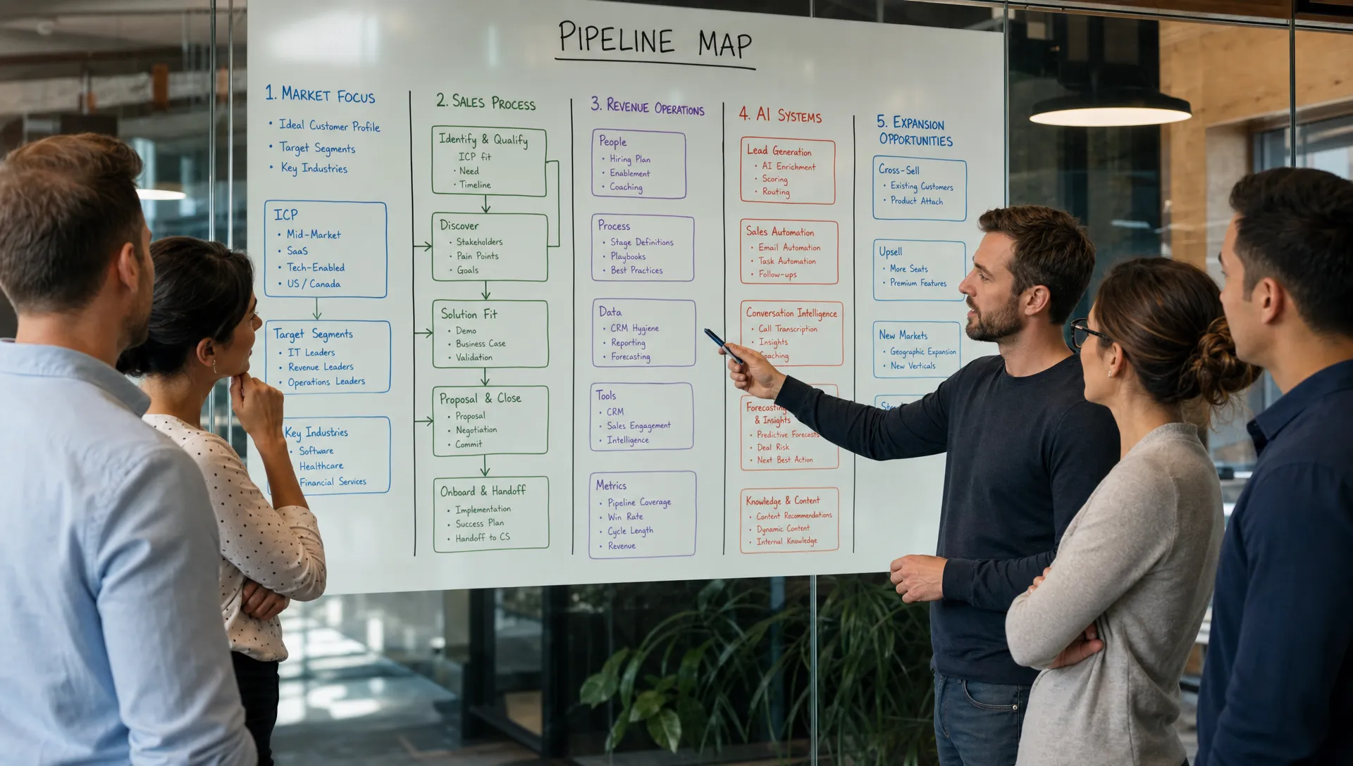 A founder-led B2B revenue team reviewing a clear pipeline map on a glass wall, with sections for market focus, sales process, revenue operations, AI systems, and expansion opportunities.