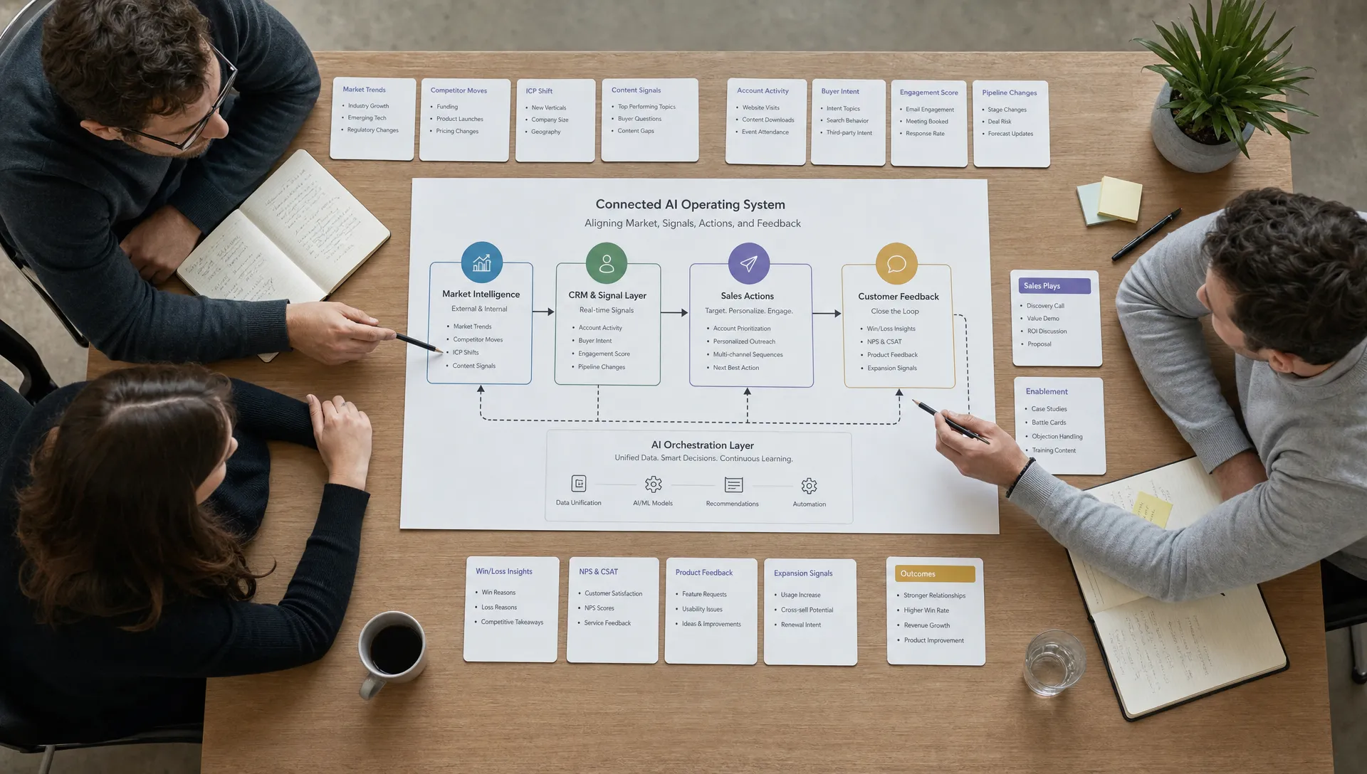 A founder-led B2B revenue team reviewing a connected AI operating workflow that links market data, CRM signals, sales actions, and customer feedback in one clear system, shown as an overhead tabletop layout with printed cards and a simple process map in a quiet meeting room.