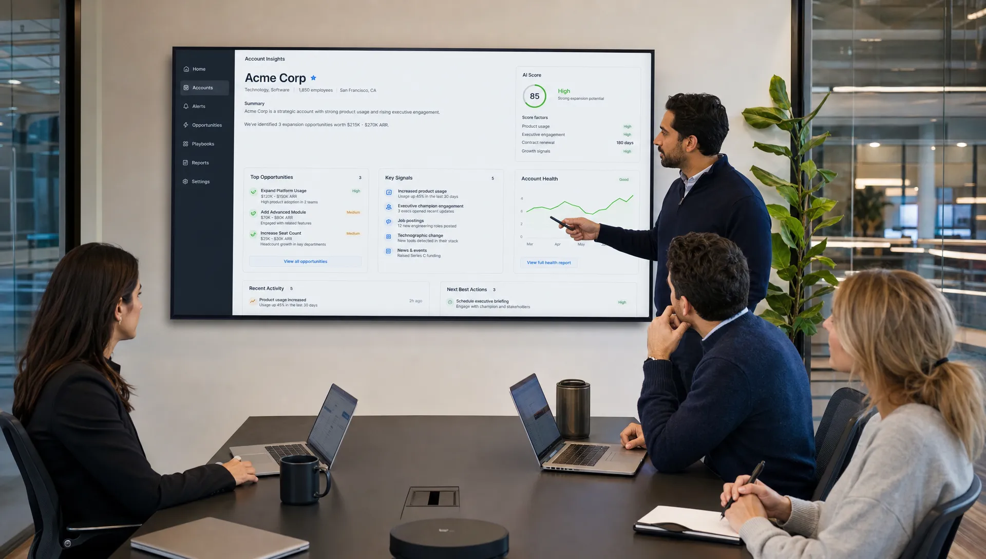 A founder-led B2B revenue team reviewing AI-generated account insights, sales opportunities, and customer expansion signals on a shared dashboard in a glass-walled strategy room.
