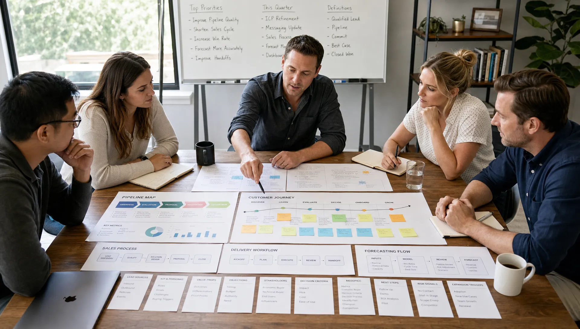 A founder-led B2B team gathered in a bright office around a conference table reviewing printed pipeline maps, customer journey notes, and workflow cards that show how sales, delivery, and forecasting connect.