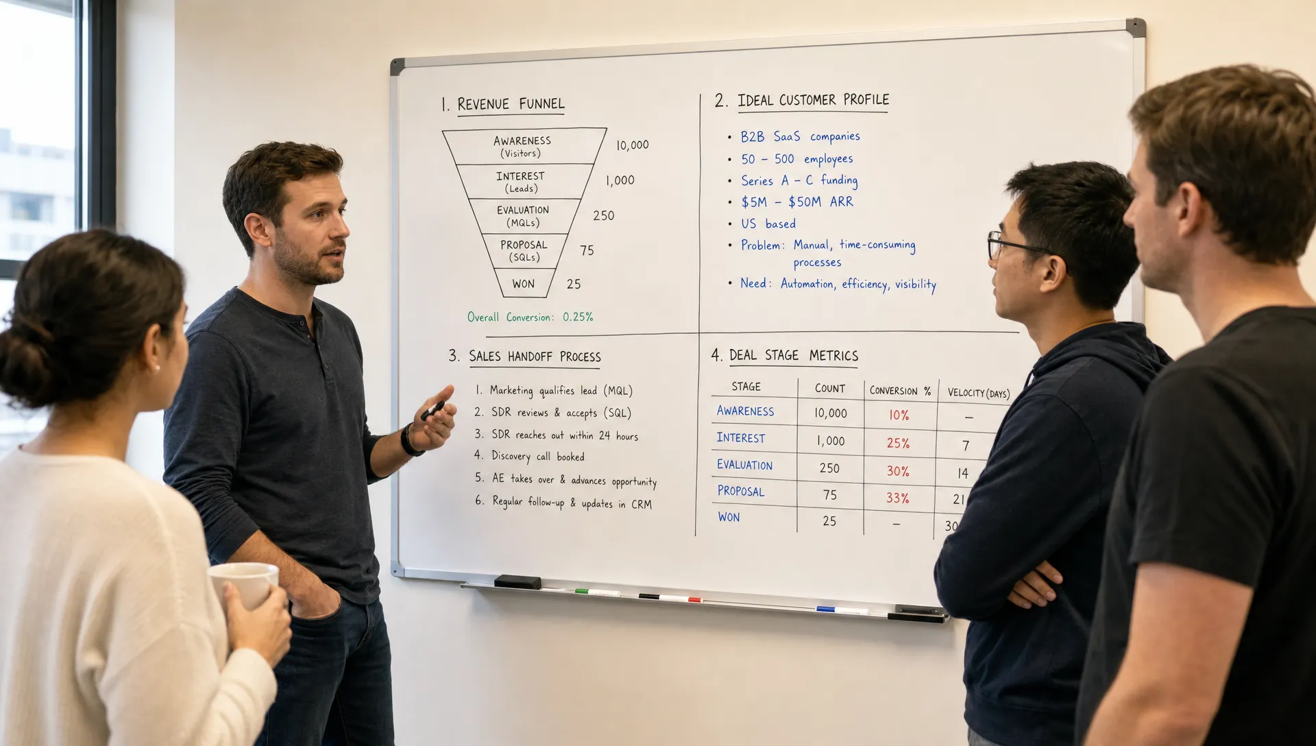 A founder-led B2B team standing around a wall-mounted whiteboard with a simple revenue funnel, ideal customer profile notes, sales handoff steps, and deal stage metrics.