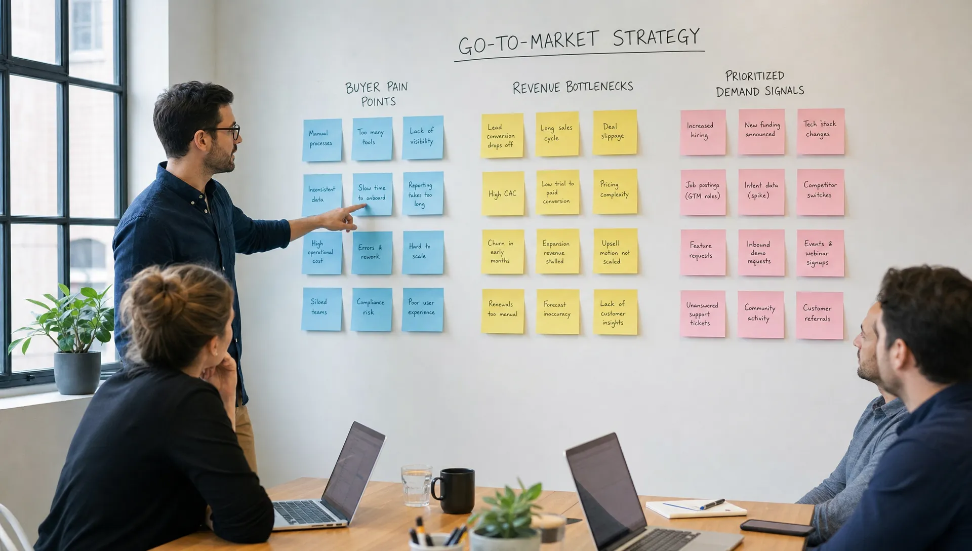 A founder-led B2B team using sticky notes on a wall to compare buyer pain points, revenue bottlenecks, and prioritized demand signals during a strategy planning session.