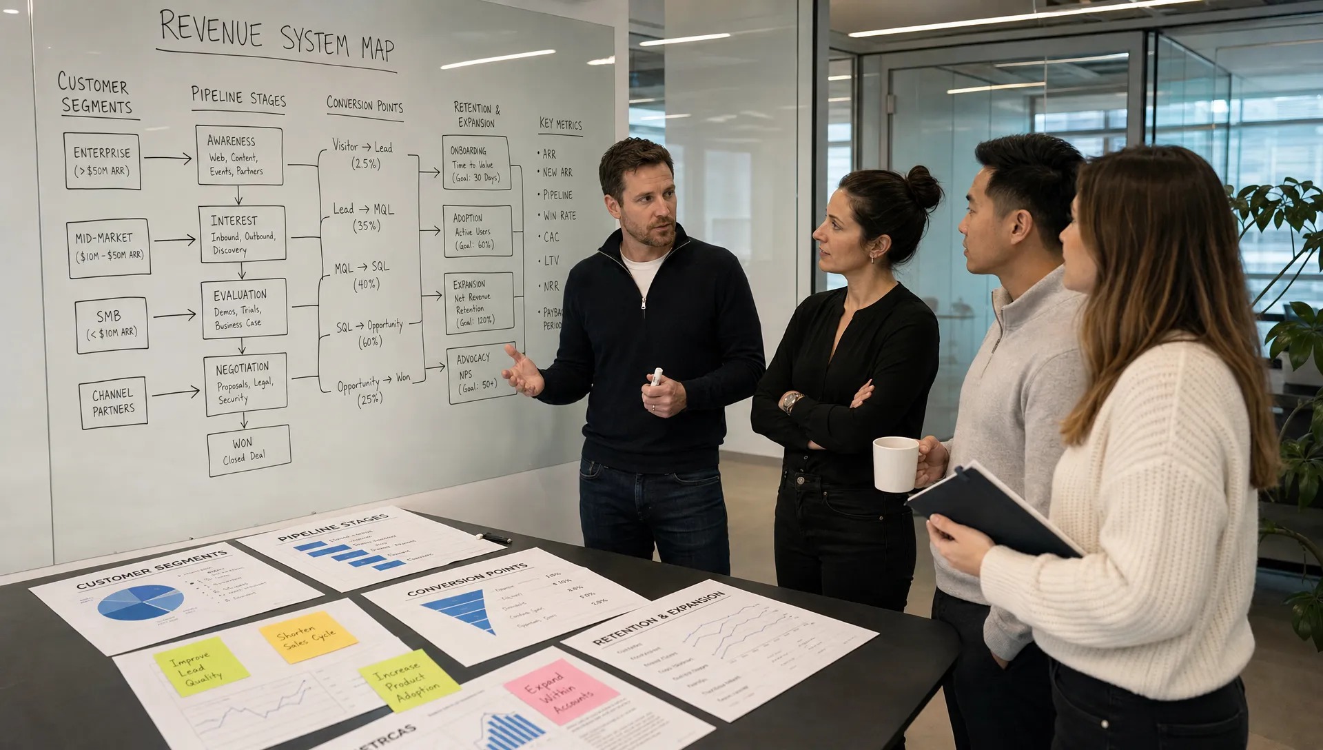 A founder-led B2B tech leadership team reviewing a revenue system map in a glass-walled planning room, with pipeline stages, customer segments, conversion points, and retention metrics shown on printed worksheets spread across a side table.
