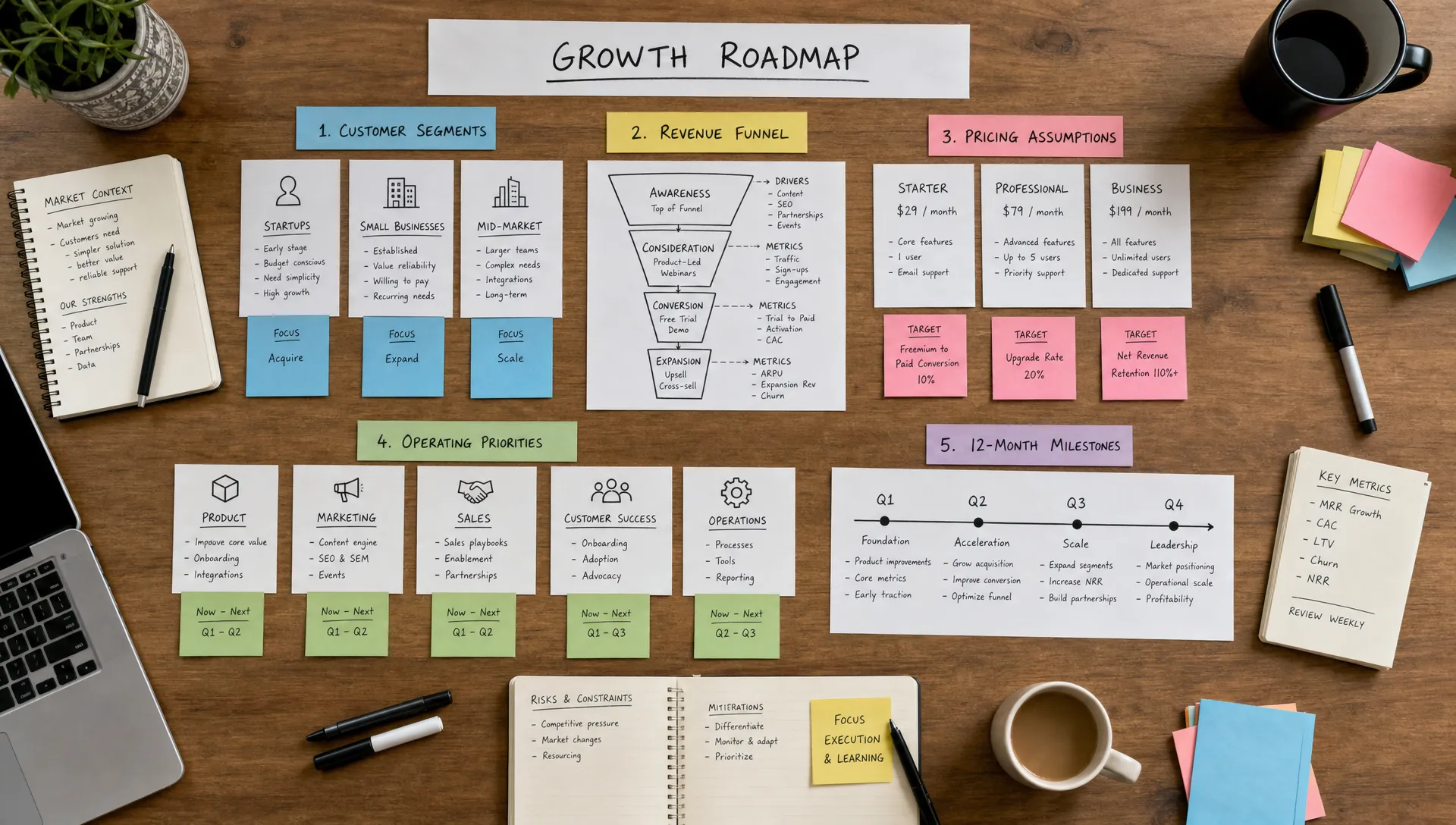 A top-down view of a strategy workshop table with customer segment cards, revenue funnel notes, pricing assumptions, and operating priorities arranged into a clear growth roadmap.