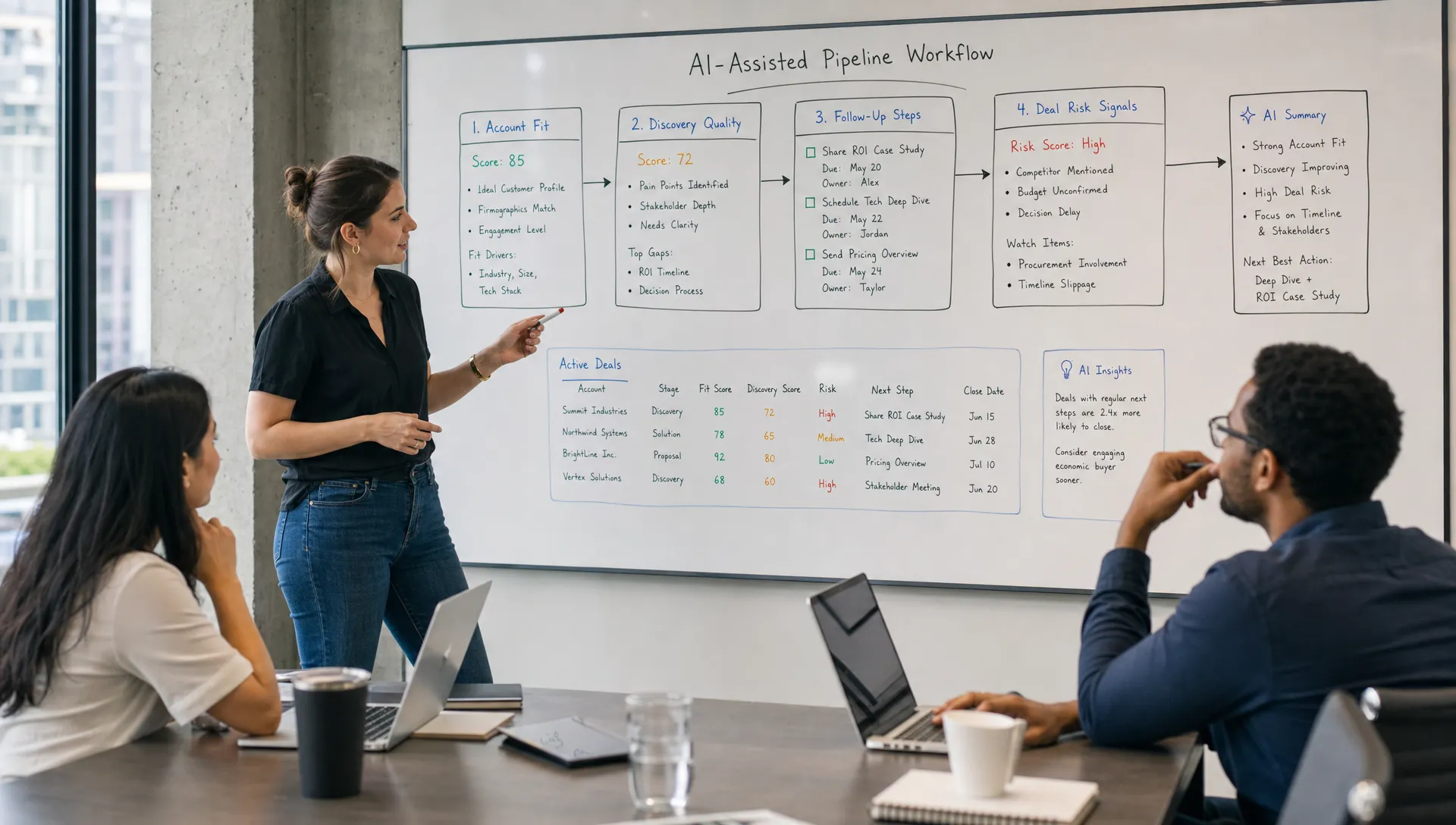 A B2B sales team reviewing an AI-assisted pipeline workflow on a conference room whiteboard, showing account fit, discovery quality, follow-up steps, and deal risk signals.