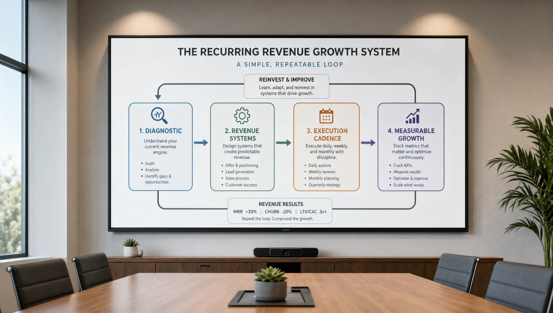 A conference room wall display showing a simple recurring revenue growth system with four blocks: diagnostic, revenue systems, execution cadence, and measurable growth. Notes, arrows, and revenue metrics connect the blocks in a clear loop.
