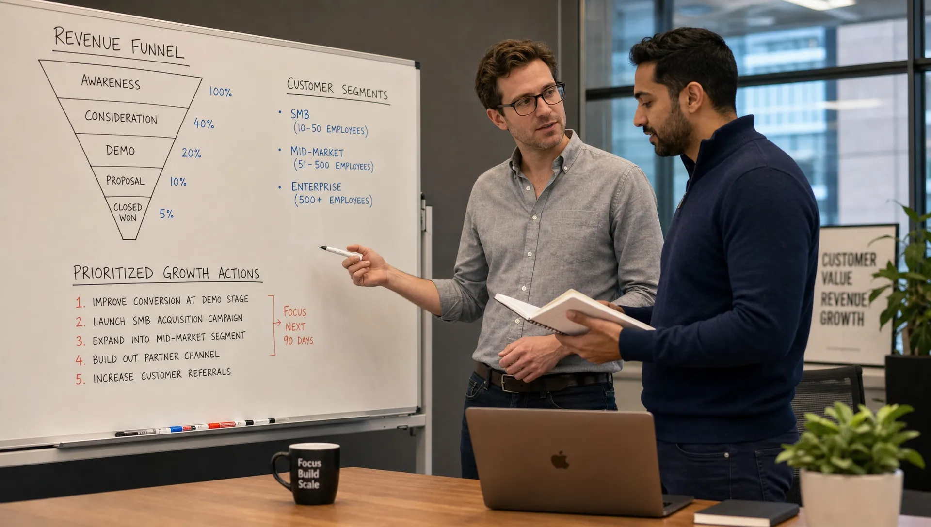 A founder and revenue advisor standing beside a whiteboard with a simple revenue funnel, customer segments, and prioritized growth actions, reviewing notes in a modern office meeting room.