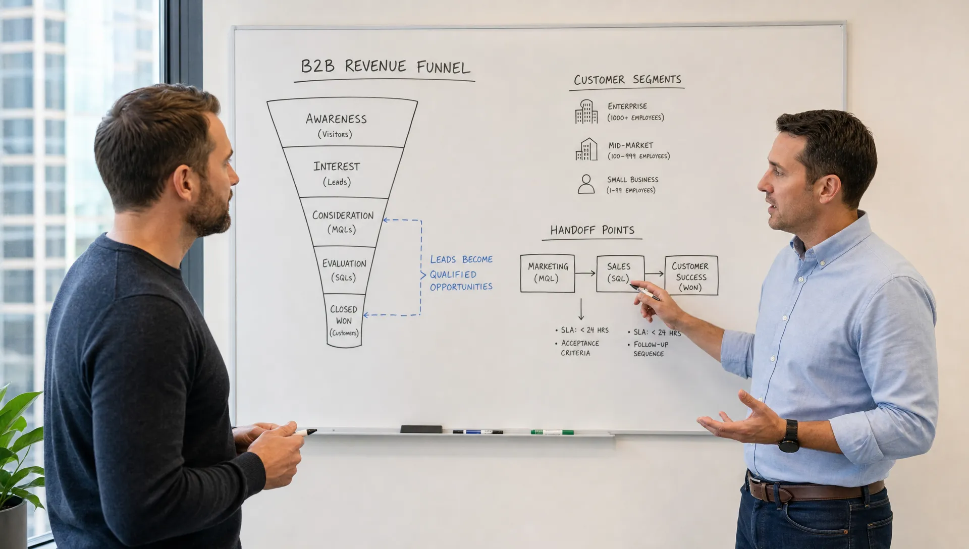 A founder and revenue consultant stand beside a wall-mounted board showing a simple B2B revenue funnel, customer segments, handoff points, and arrows showing where leads become qualified opportunities.