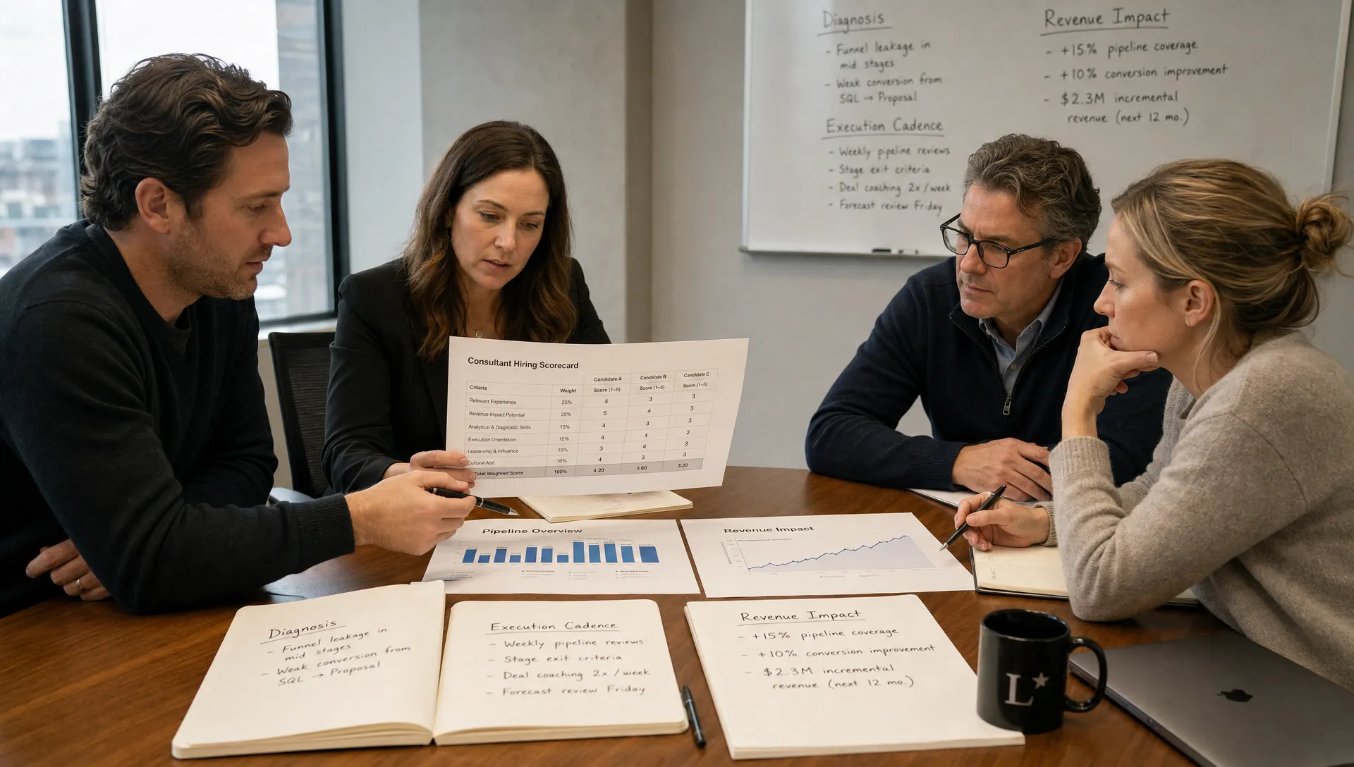 A founder and revenue leadership team review a consultant hiring scorecard and printed pipeline charts on a conference table, with notes for diagnosis, execution cadence, and revenue impact.