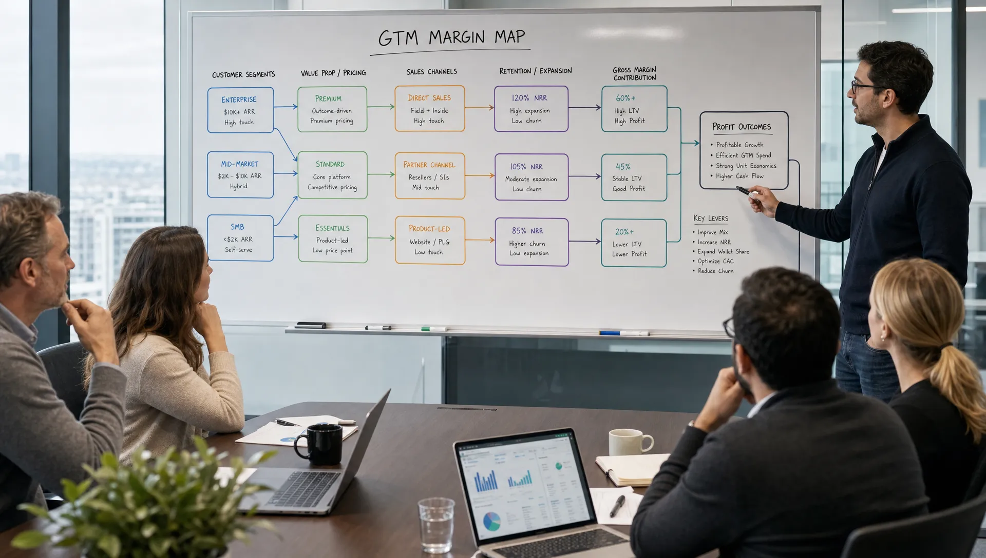 A founder and revenue leadership team reviewing a GTM margin map on a conference table, with customer segments, pricing, sales channels, and retention metrics connected to profit outcomes.