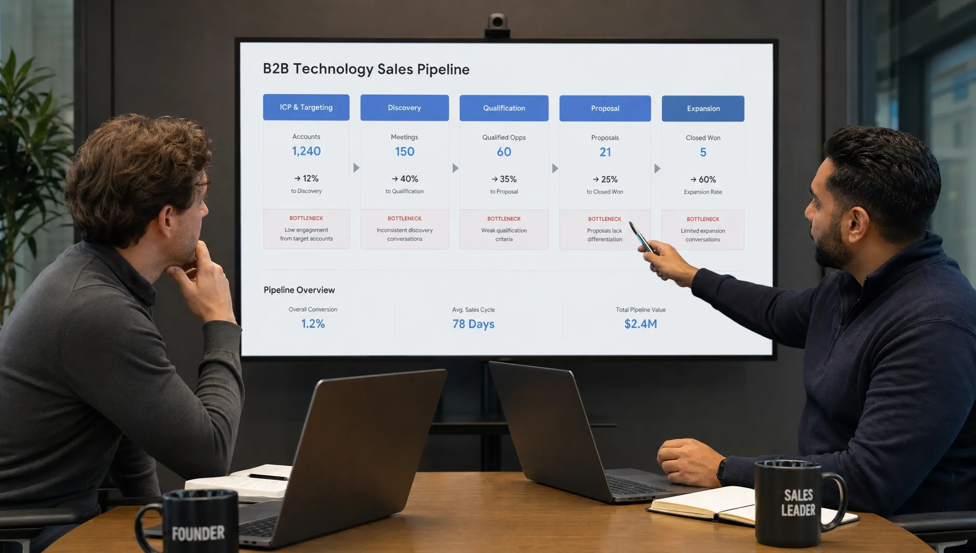 A founder and sales leader review a B2B technology sales pipeline map with ICP, discovery, qualification, proposal, and expansion stages marked by bottlenecks.