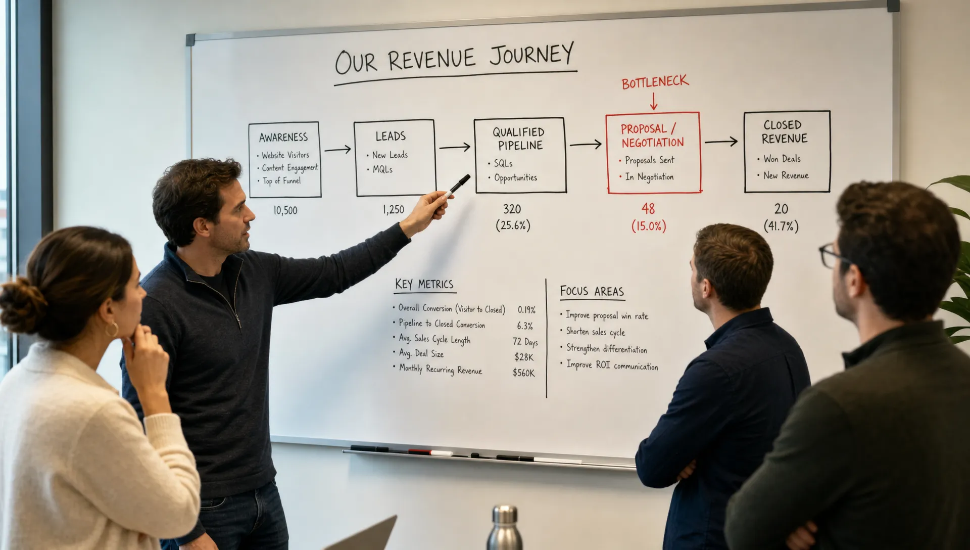 A founder-led B2B leadership team mapping the revenue journey on a wall-mounted board, with one bottleneck highlighted between qualified pipeline and closed revenue.