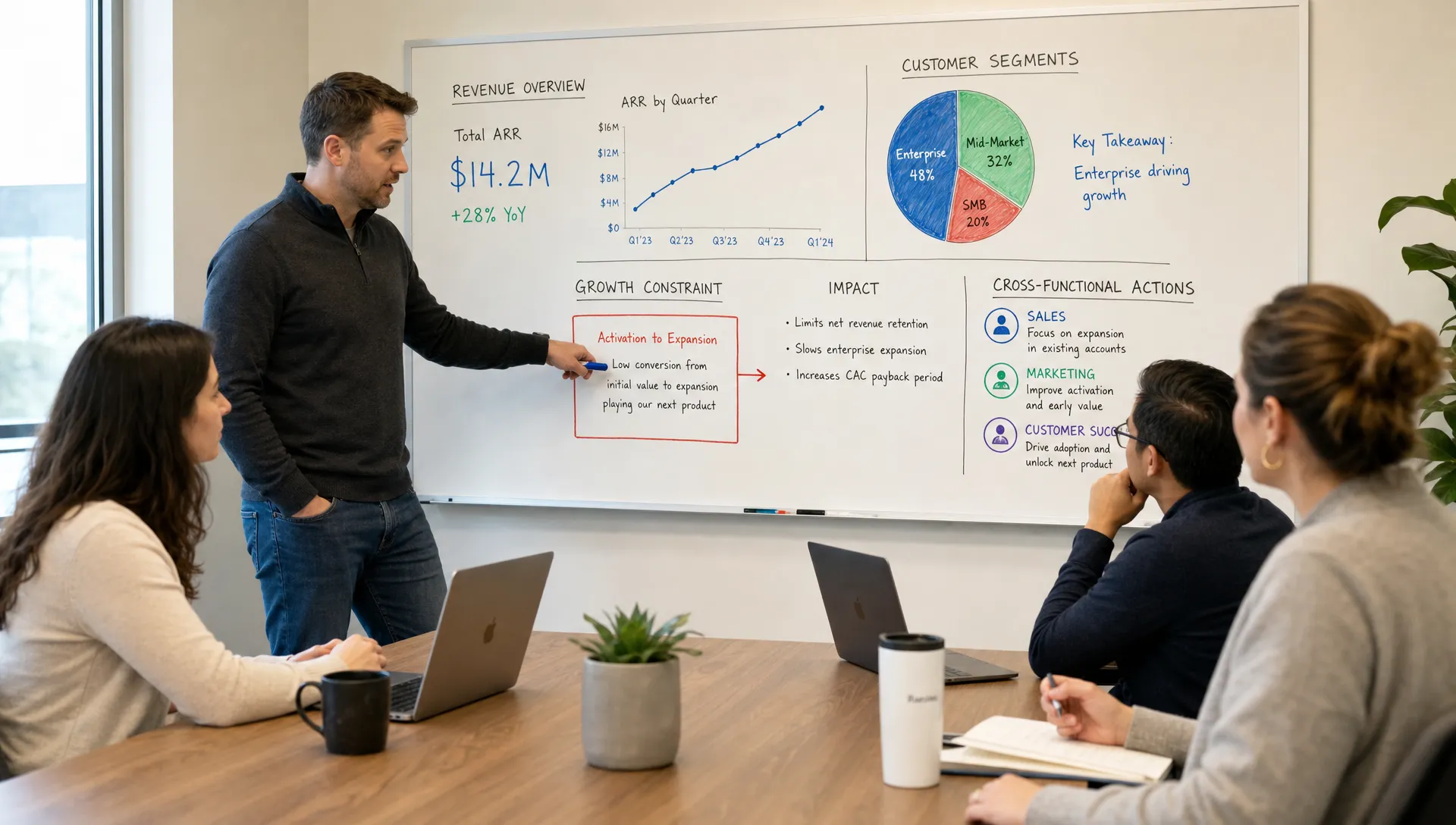 A founder-led B2B leadership team reviewing revenue data on a whiteboard in a meeting room, with charts, customer segments, and a highlighted growth constraint connecting sales, marketing, and customer success decisions.