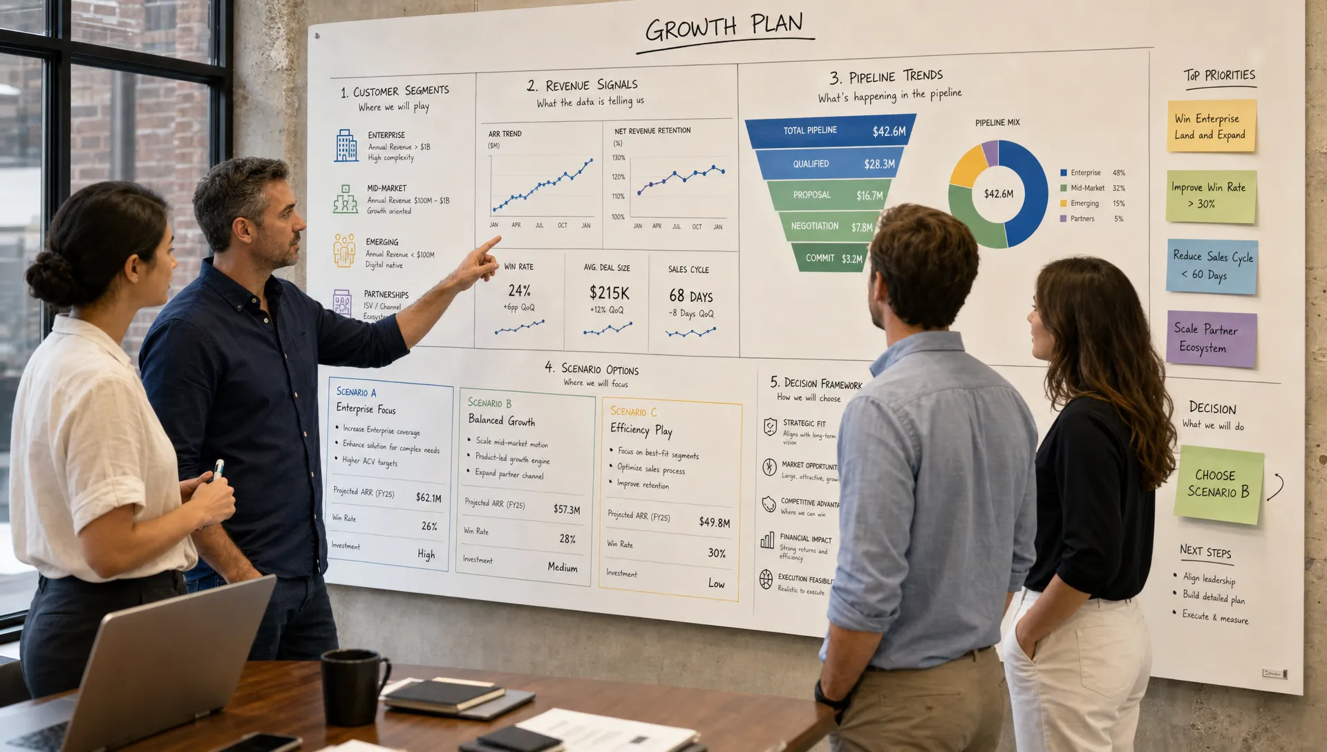 A founder-led B2B leadership team reviews a growth planning wall with customer segments, revenue signals, pipeline trends, and scenario options mapped into a decision framework.