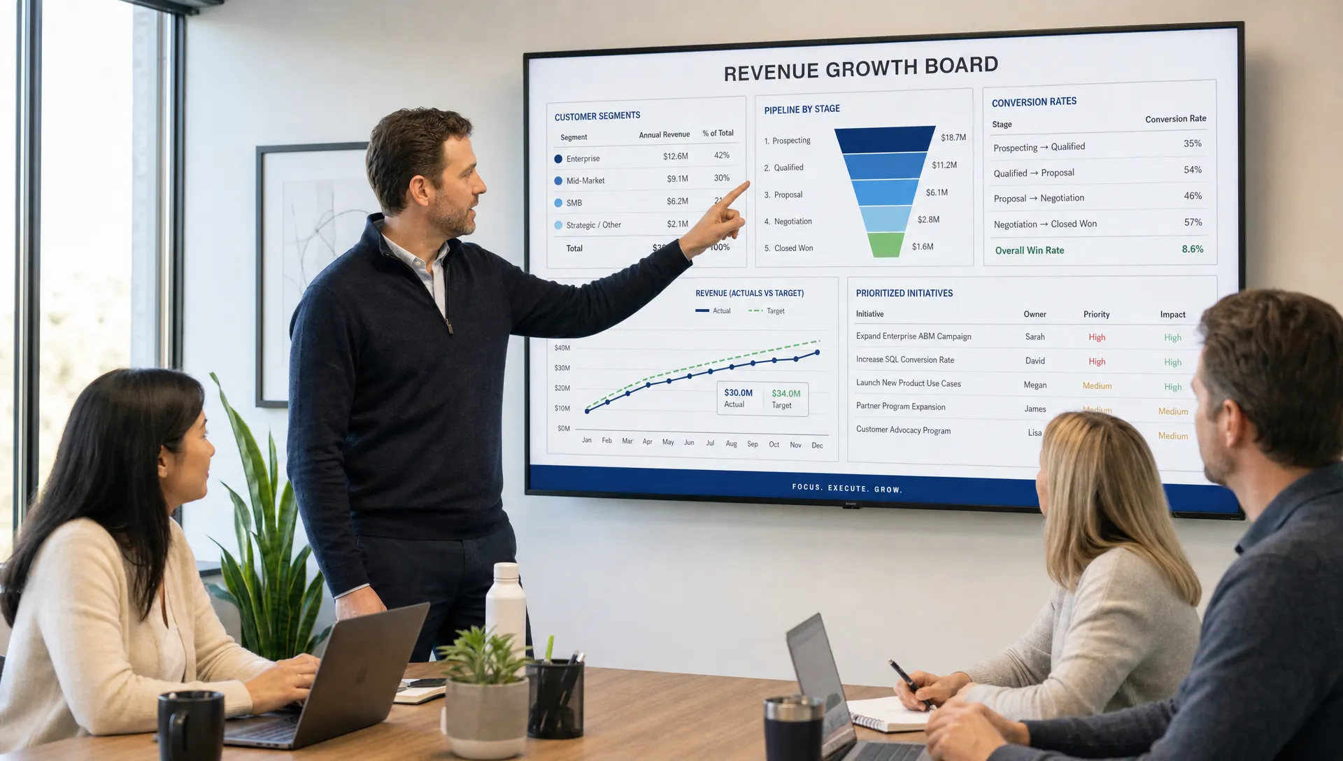 A founder-led B2B leadership team reviews a revenue growth board showing customer segments, pipeline stages, conversion rates, and prioritized sales and marketing initiatives in a bright meeting room.