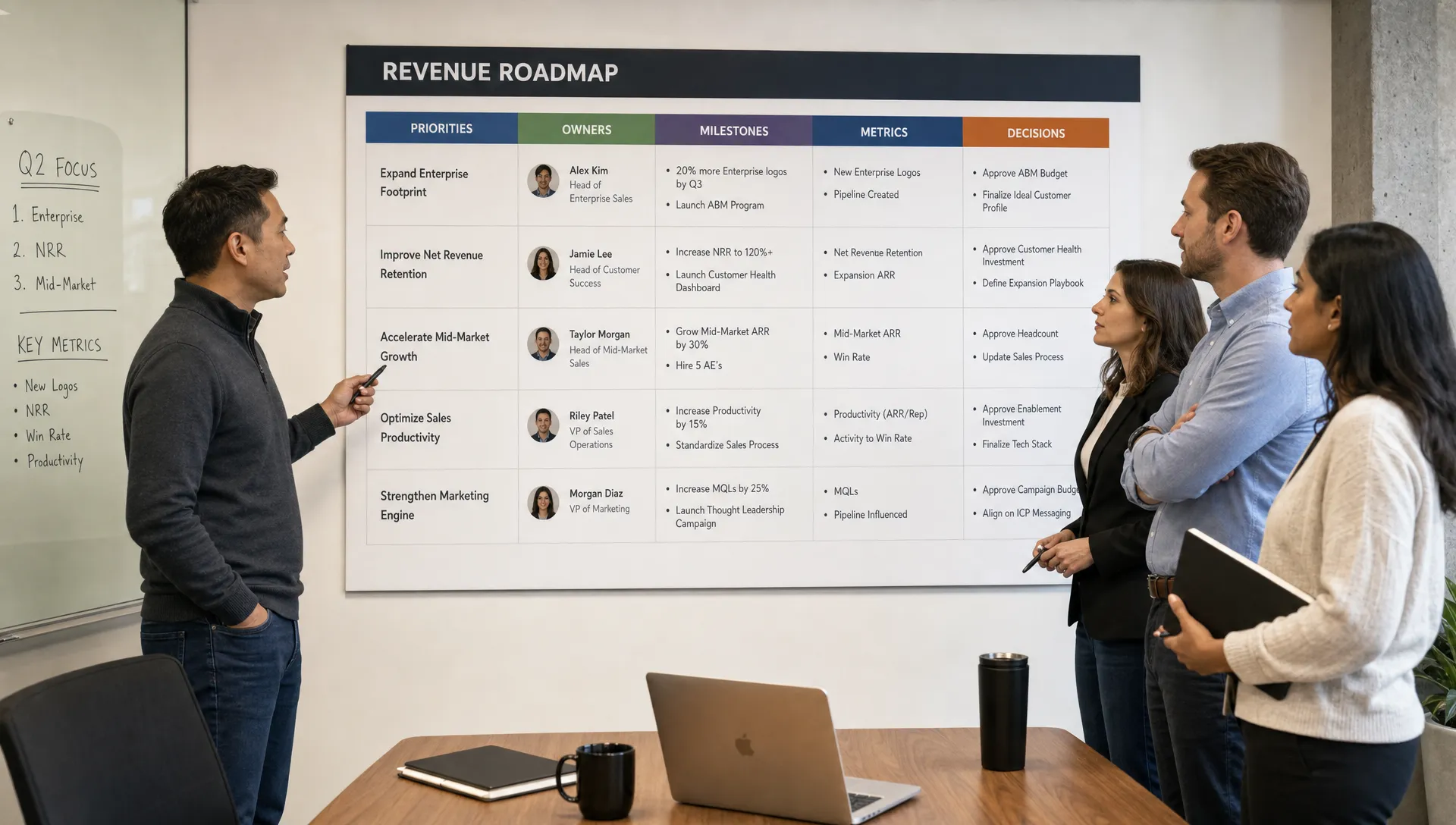 A founder-led B2B leadership team standing beside a wall-mounted revenue roadmap in a practical meeting room, with clear columns for priorities, owners, milestones, metrics, and decisions.