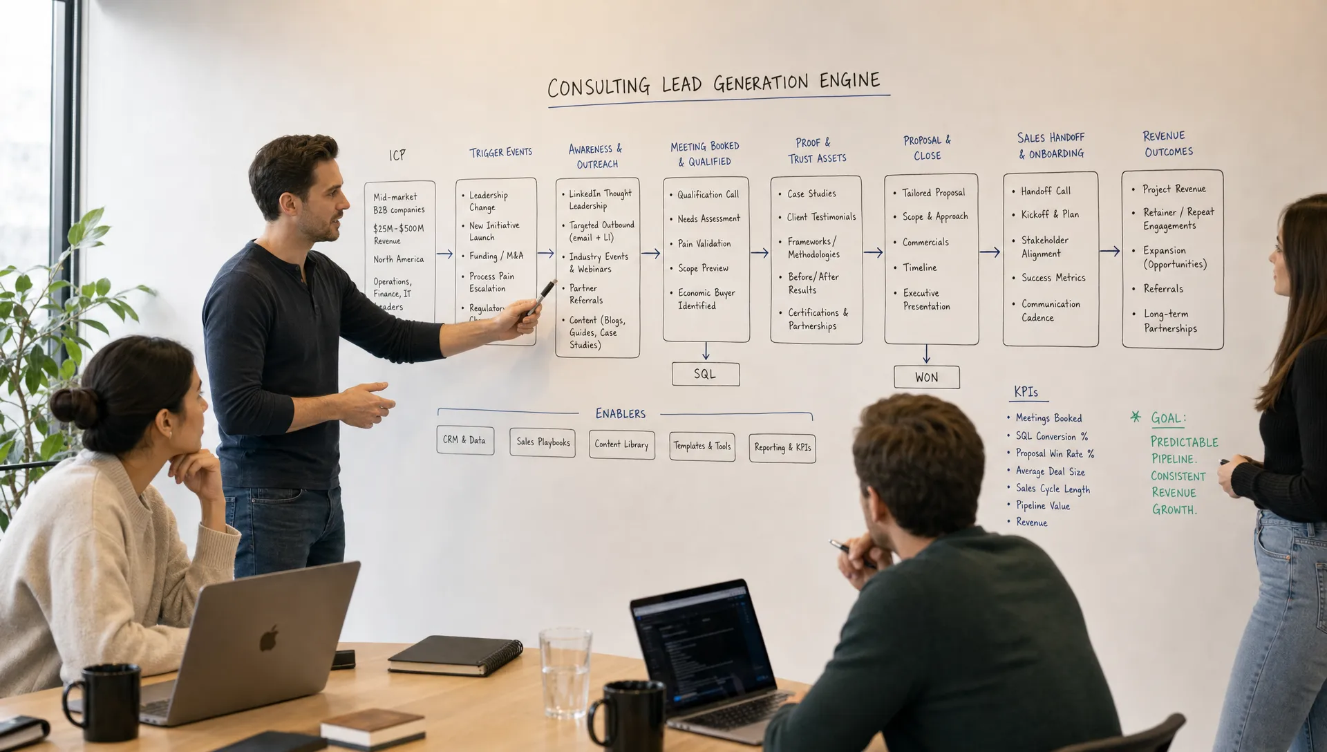 A founder-led B2B team maps consulting lead generation on a whiteboard, with ICP, trigger events, proof assets, sales handoff, and revenue outcomes.