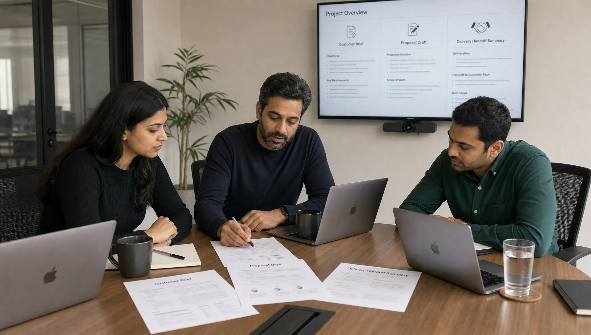 A founder-led B2B team reviews a customer brief, proposal draft, and delivery handoff summary on a conference table with laptops open.